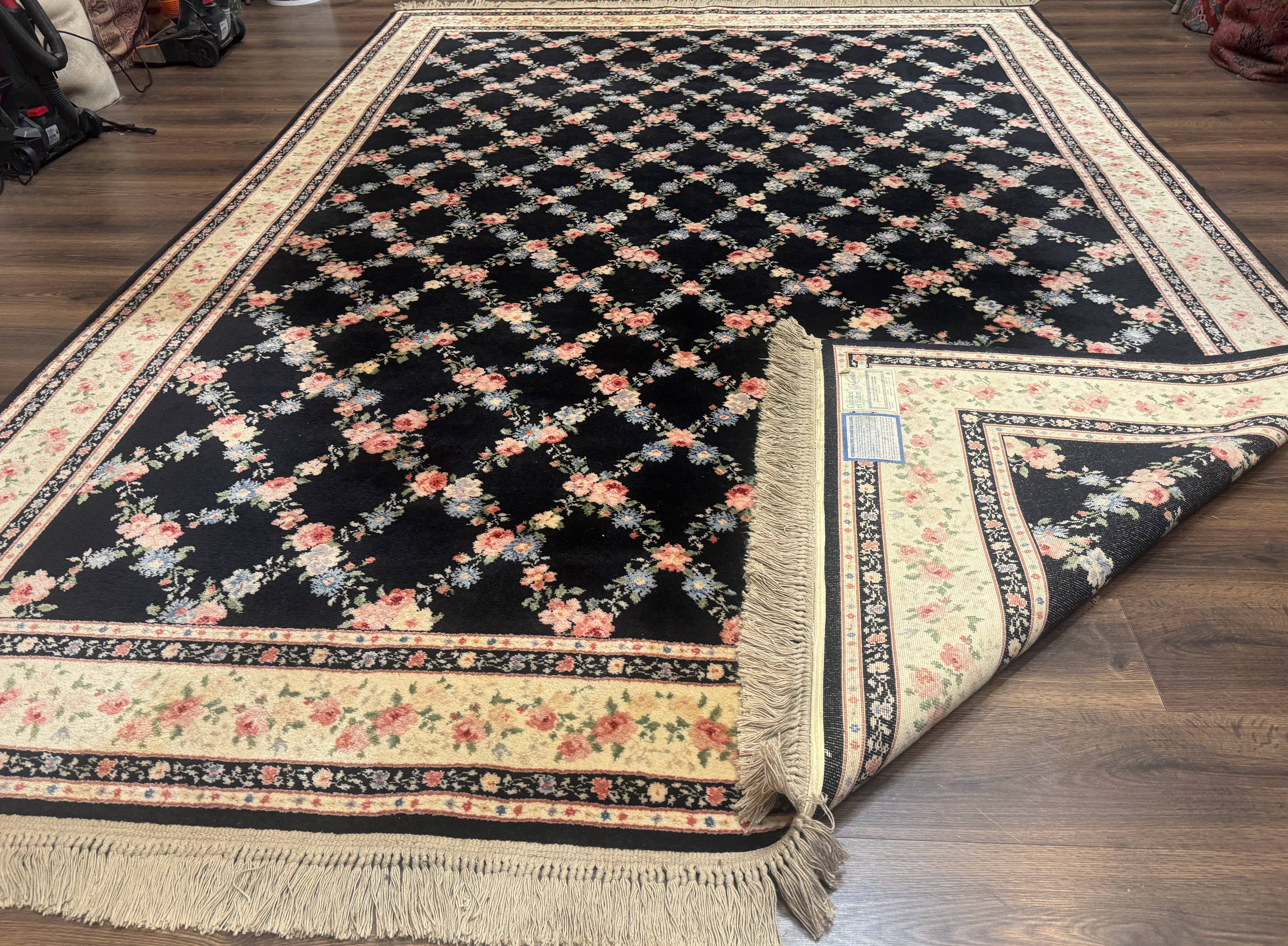 8.8 x 12 Karastan Garden of Eden Rug, Ebony Trellis #509/1270, Black, Floral, Wool Pile, Vintage, Discontinued - Jewel Rugs
