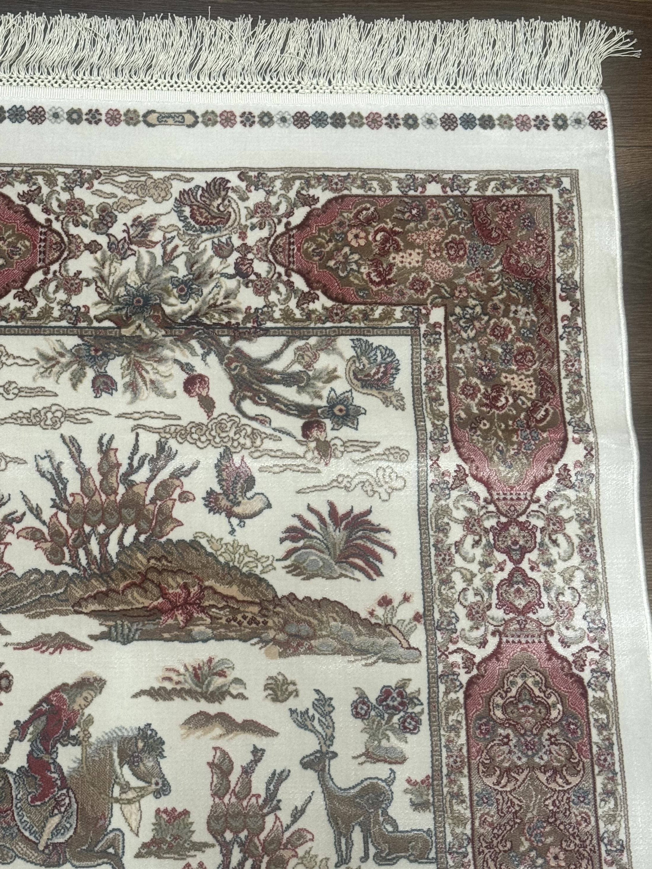 Turkish Silk Runner Rug 2.6 x 8, Hunting Design, Ivory, Bamboo Silk, New - Jewel Rugs