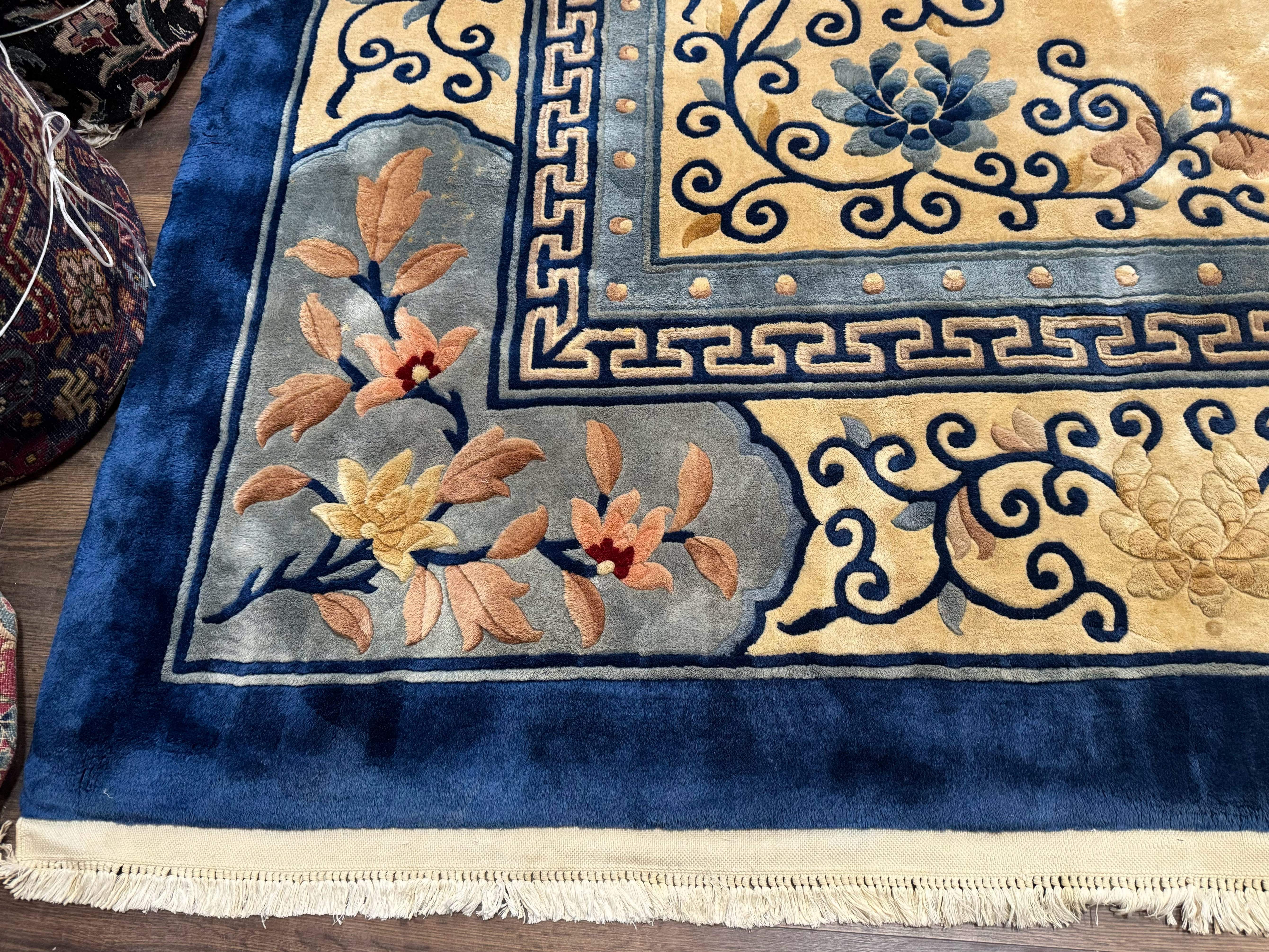 Palace Size Chinese Wool Rug 12x19 – Ivory and Blue, Dragons, Vintage Carpet - Jewel Rugs