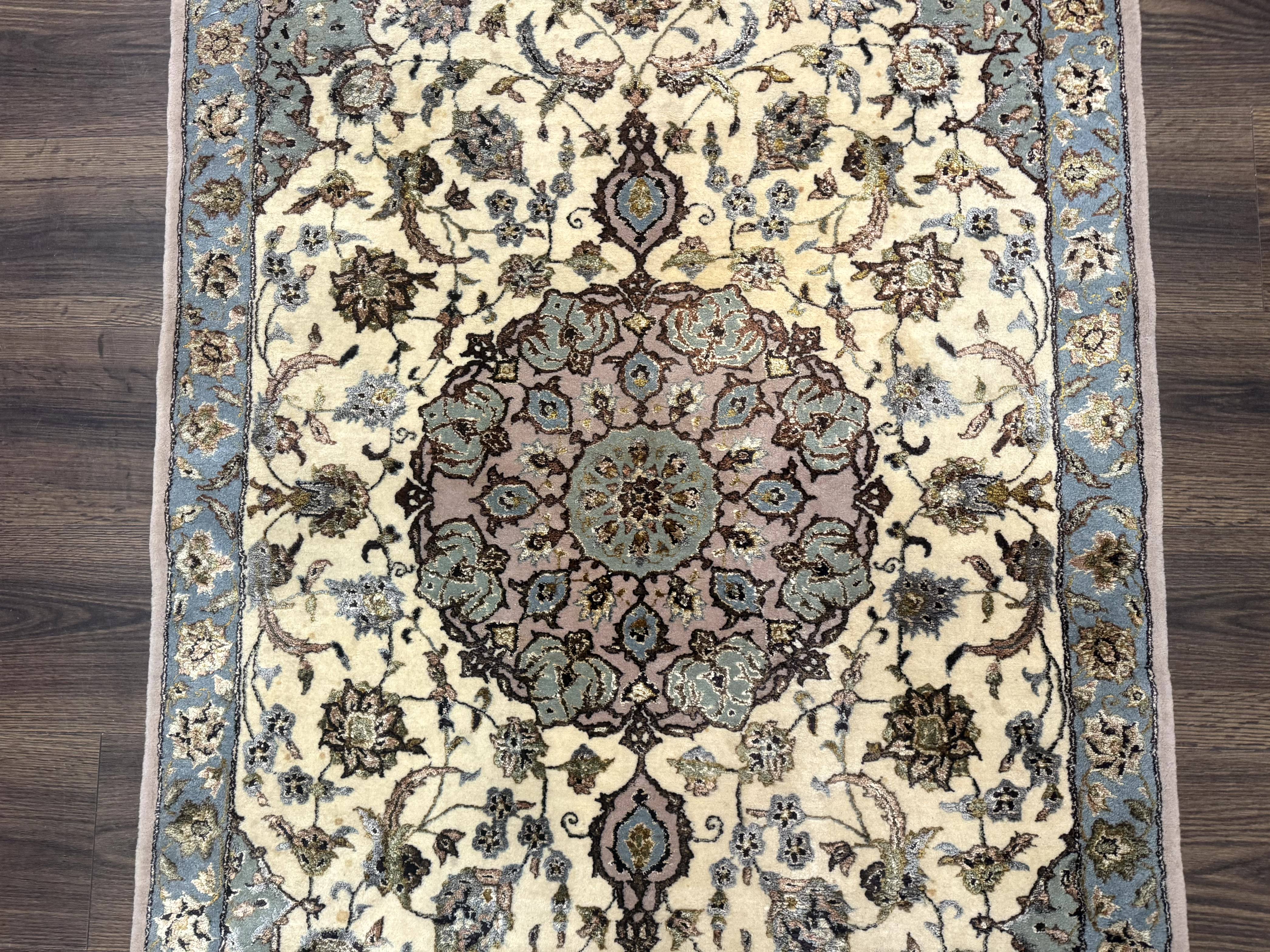 Persian Isfahan Rug 3x5, Fine 310 KPSI, Kork Wool Silk Foundation, Cream & Light Green - Jewel Rugs