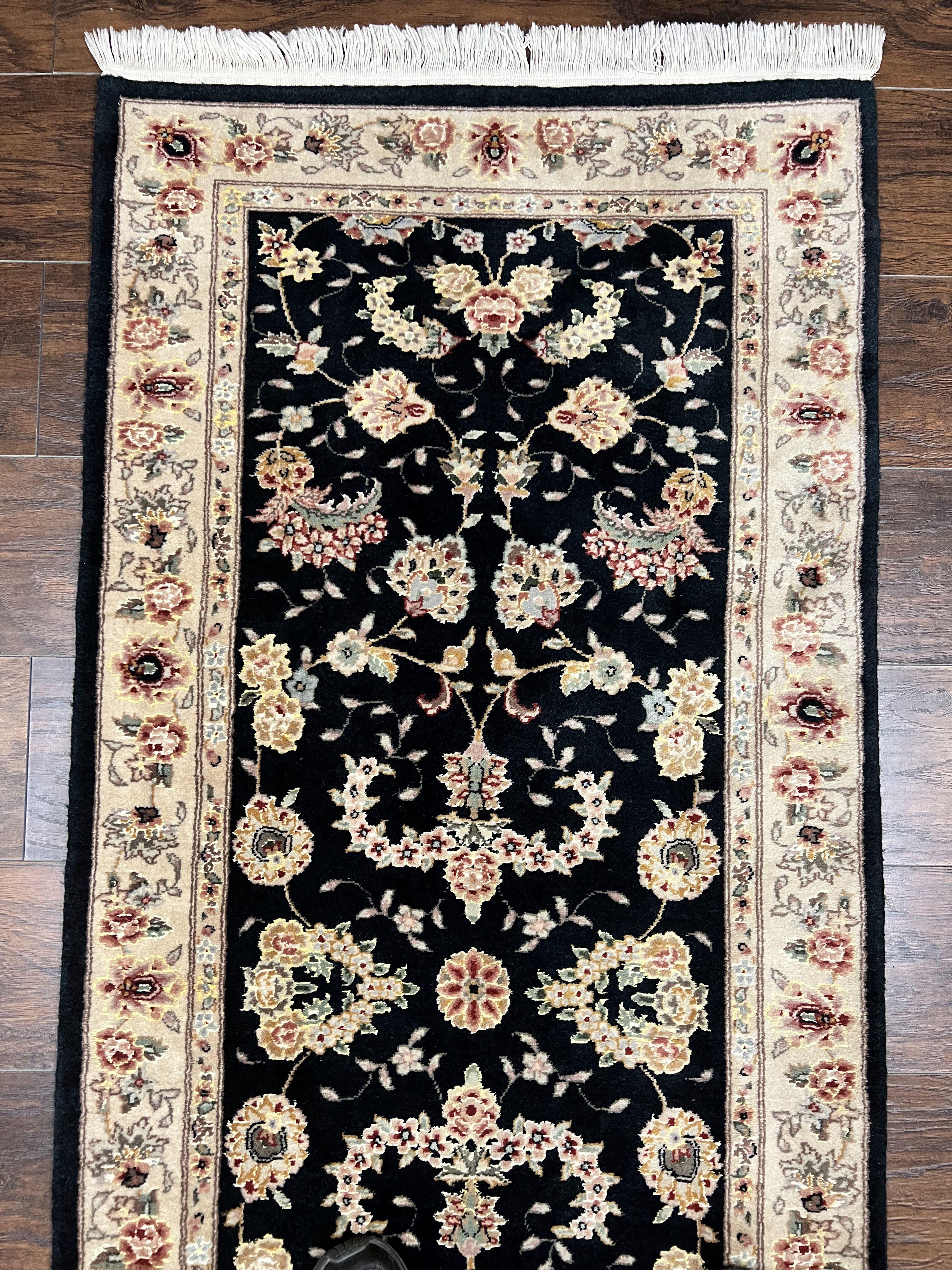 Sino Persian Short Runner Rug 2.7 x 6, Wool and Silk Highlights Black and Beige Handmade Vintage Floral Allover Oriental Carpet, Hallway Rug - Jewel Rugs