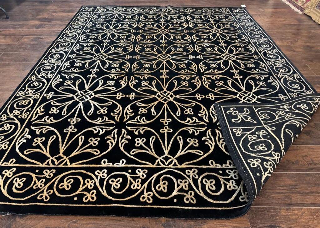Tibetan Rug 8x10, Wool and Silk, Raised Pattern, Black and Gold, Floral - Jewel Rugs