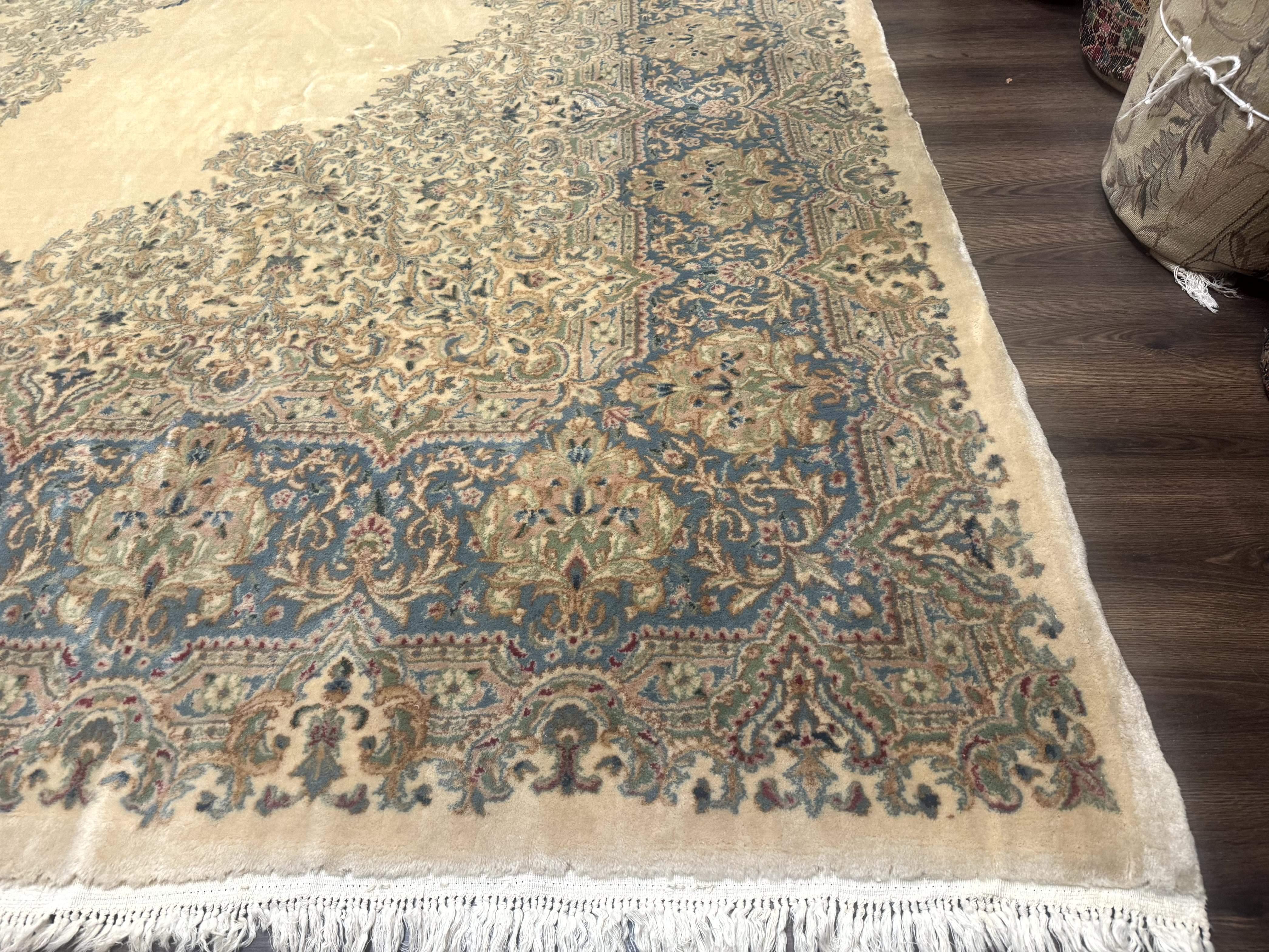 Palace Size Persian Kerman Rug 12x18, Floral Kirman Rug, Ivory Light Blue Pink, Pastel Colors, Vintage Persian Rug, Signed, Fine 240 KPSI - Jewel Rugs