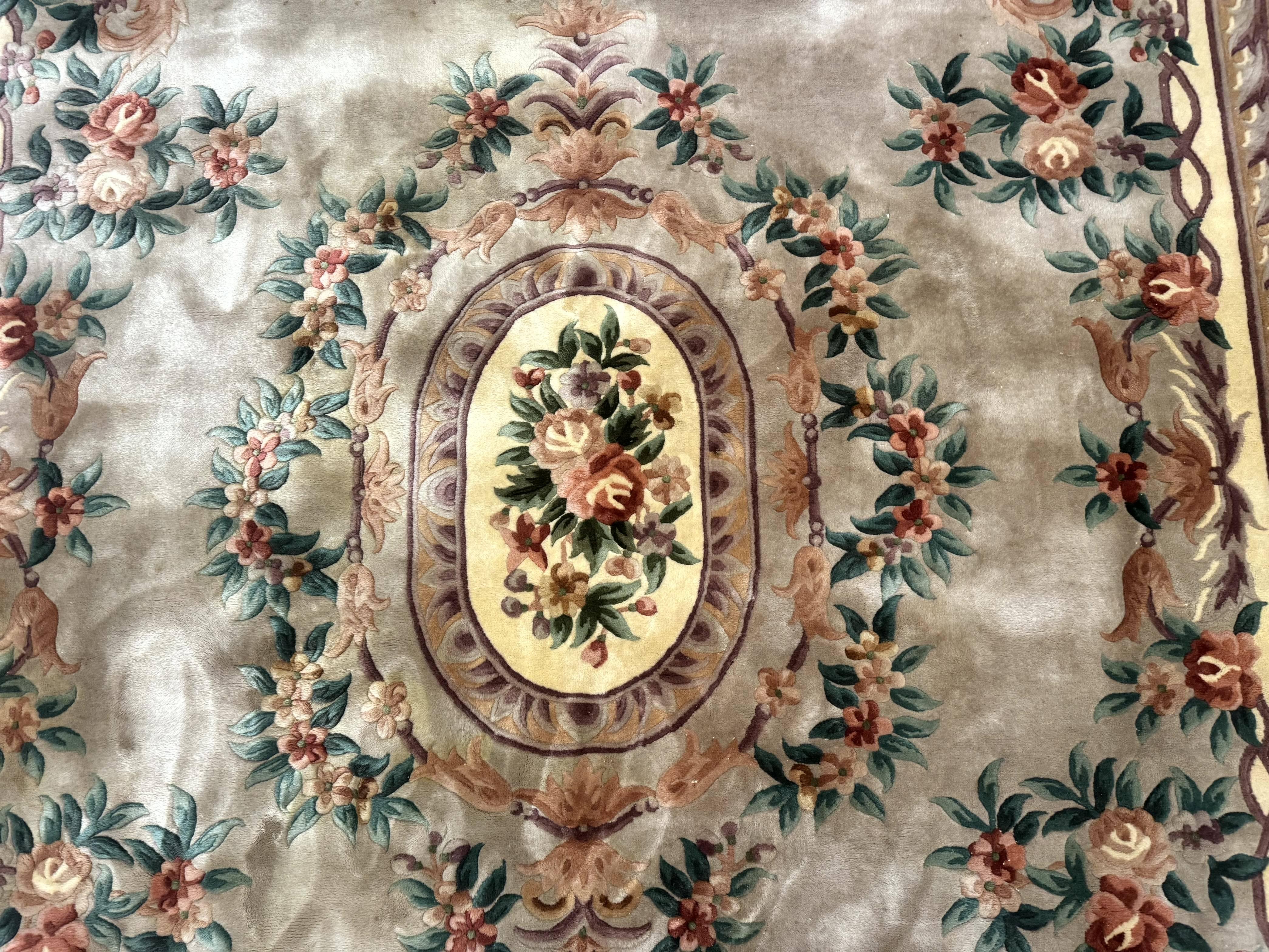 Chinese Aubusson Rug 10x14, Soft Thick Wool Pile, Gray and Beige, Floral, Vintage 1960s Chinese Wool Rug - Jewel Rugs