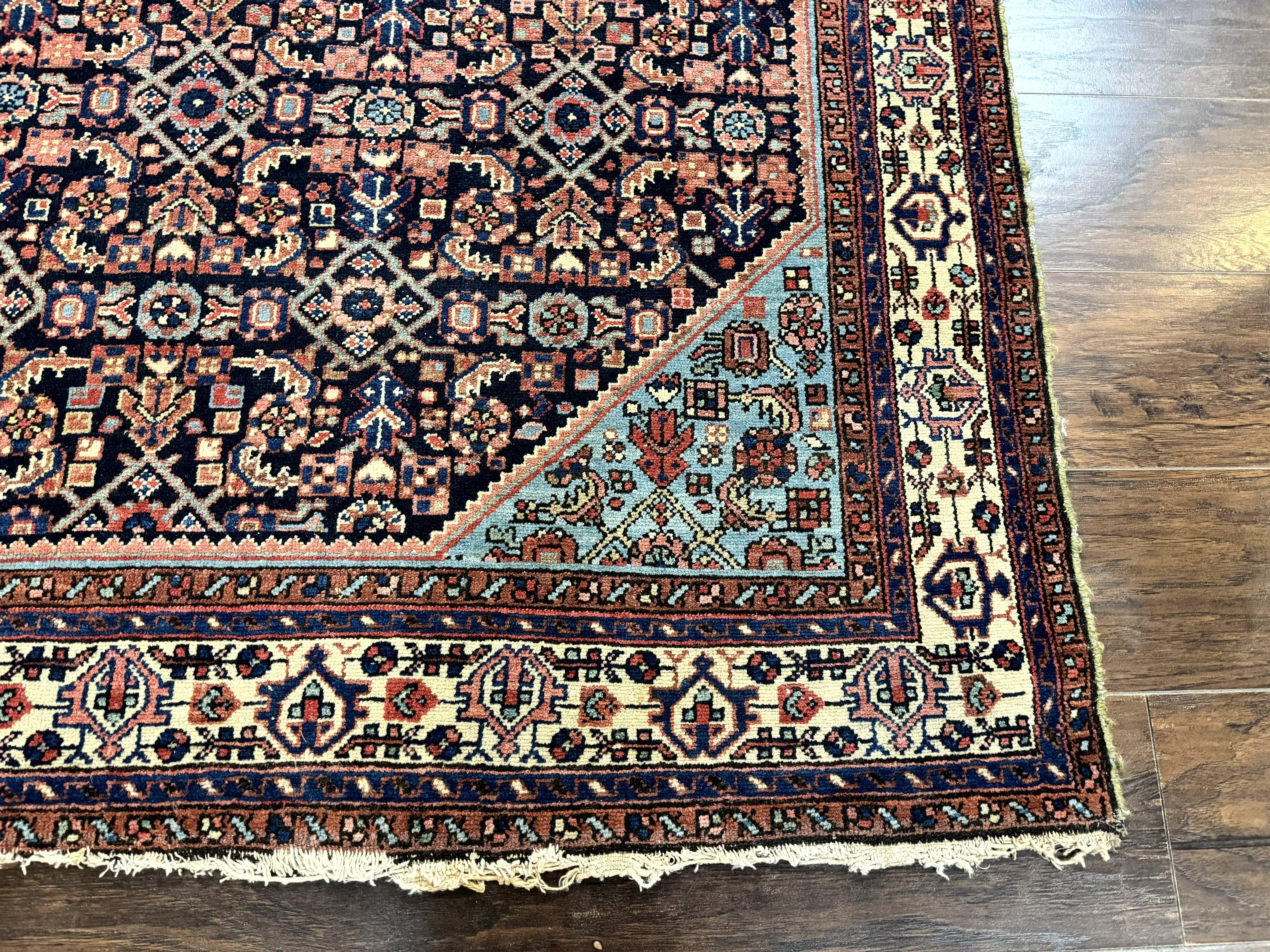 Antique Persian Rug 5 x 6.7, Navy Blue & Ivory, Handmade Persian Wool Carpet, Hamadan Angelas Rug - Jewel Rugs