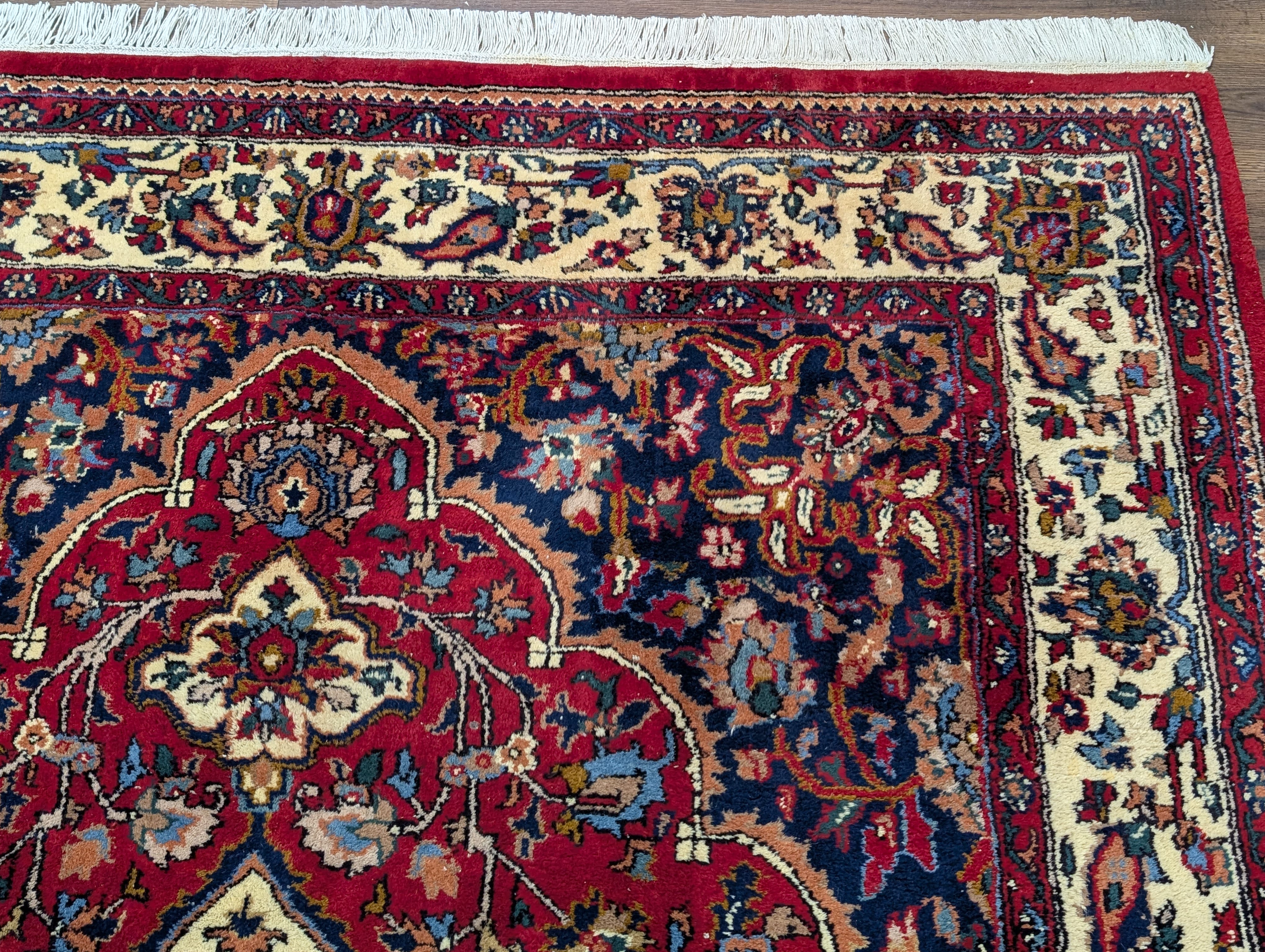 Indo Persian Rug 7x10, Floral Medallion Hand-Knotted Wool Carpet, Red Ivory Navy - Jewel Rugs