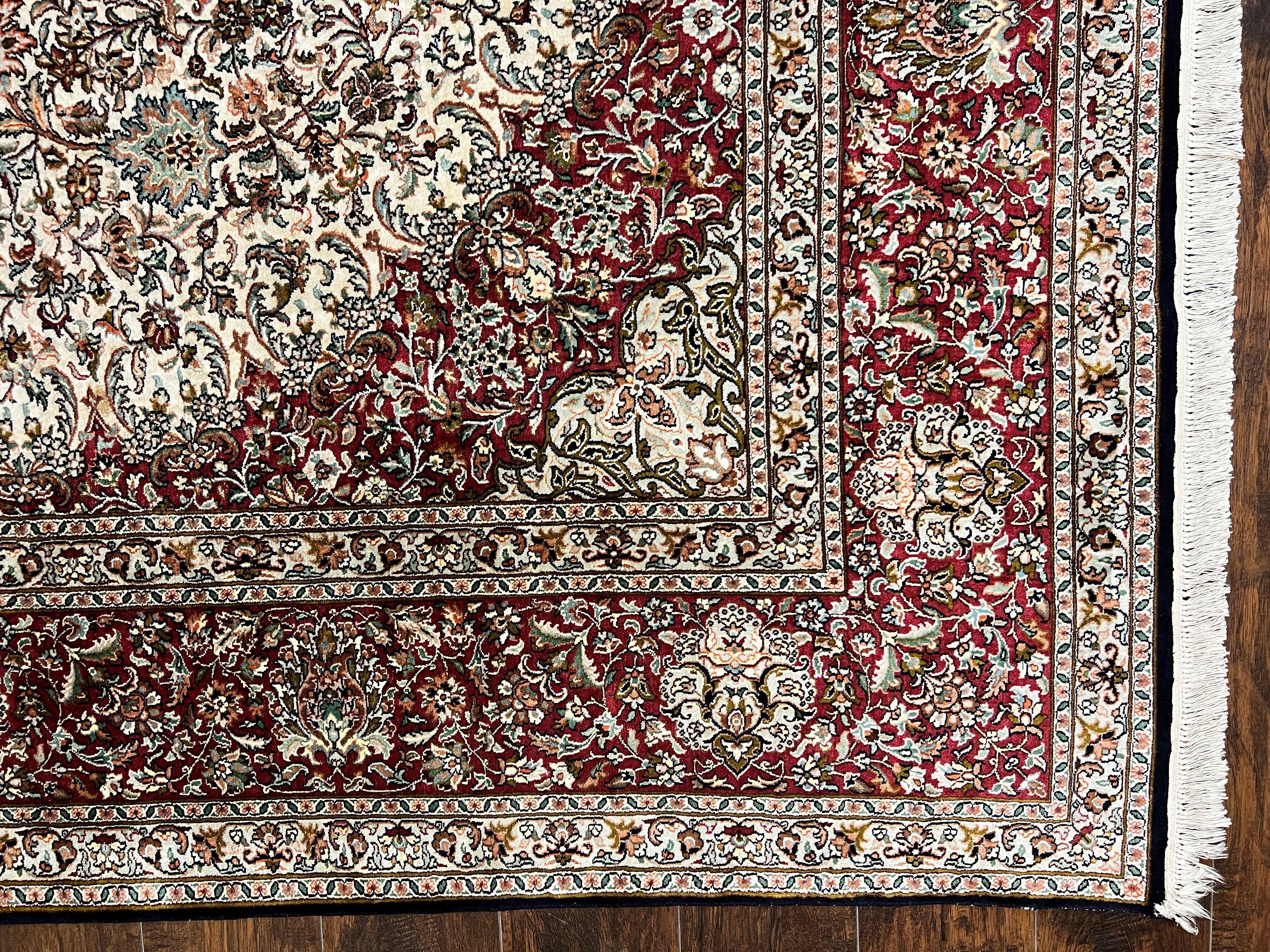 Silk Indian Kashmiri Rug 9 x 11 ft, Room Sized Silk Vintage Indo Persian Handmade Hand Knotted Fine Oriental Carpet, Ivory and Maroon - Jewel Rugs