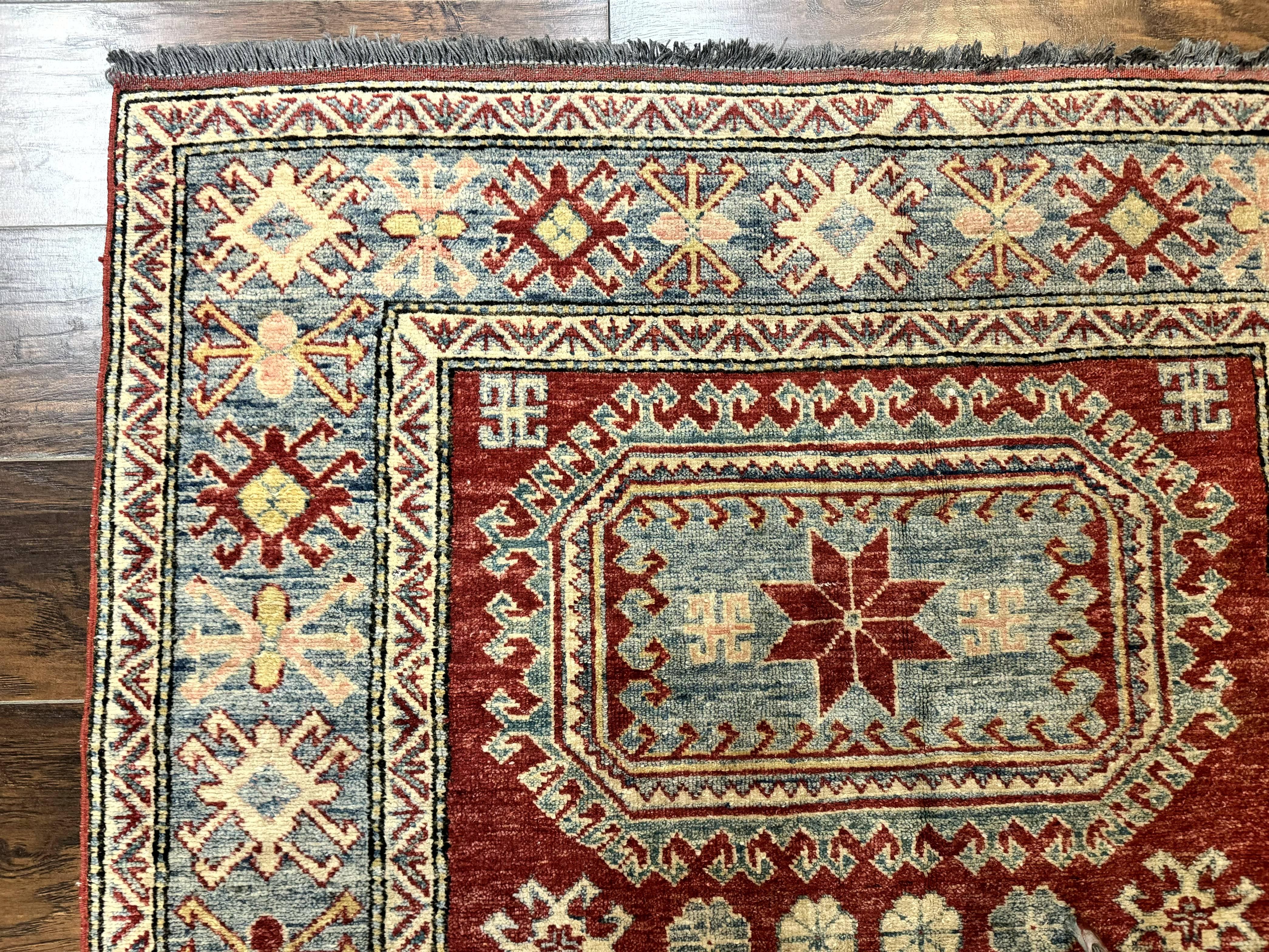 Turkish Kazak Rug 4x6, Handmade Vintage Wool Carpet, Geometric Design, Red and Light Blue - Jewel Rugs
