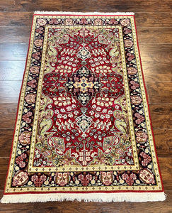 Pak Persian Rug 3x5, Floral Oriental Carpet 3 x 5 ft, Dark Red and Midnight Blue, Hand Knotted Wool Traditional Vintage Area Rug, Handmade