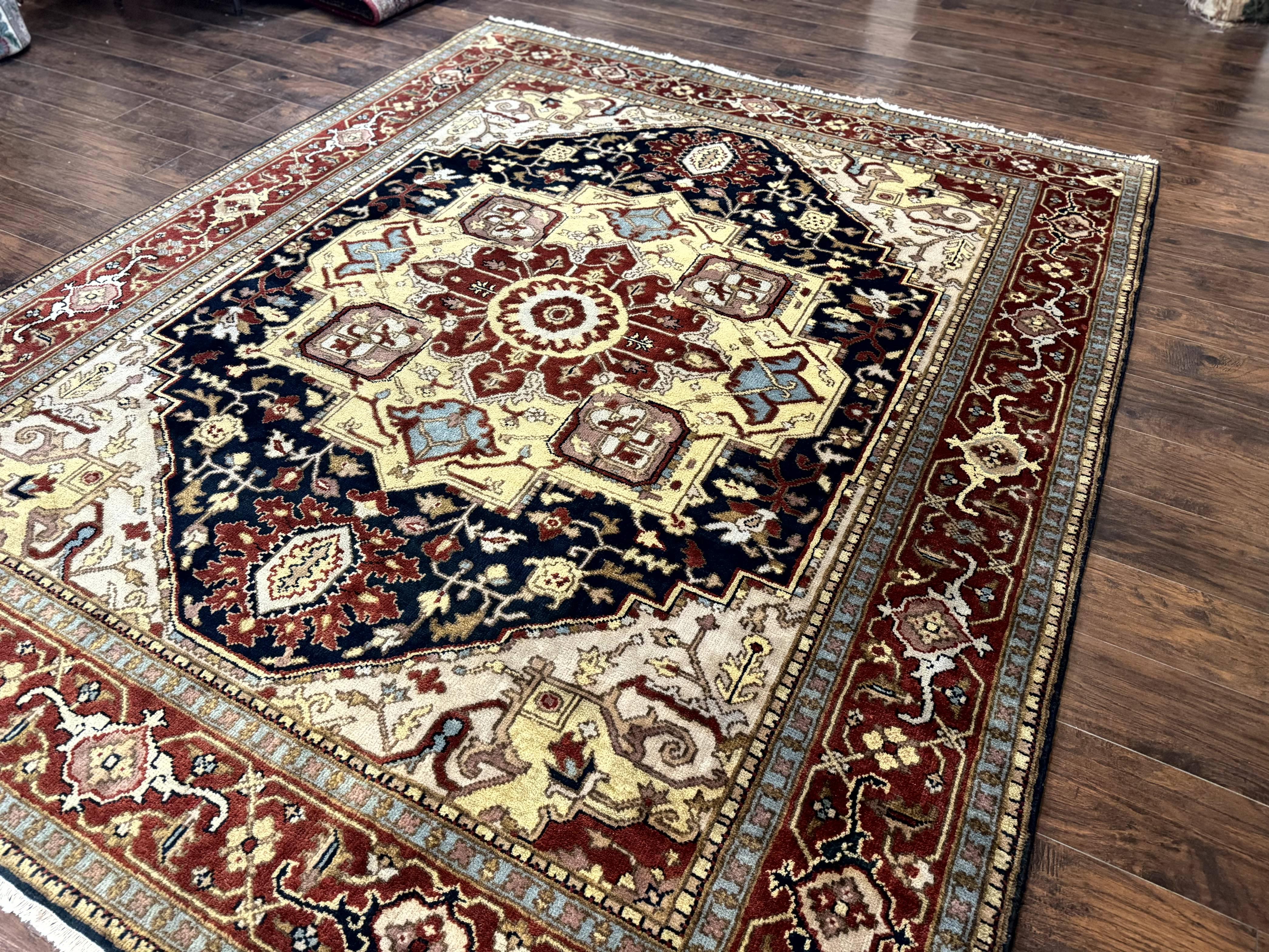 Indo Persian Heriz Rug 8x10, Geometric Medallion, Serapi Carpet, Wool Vintage Rug - Jewel Rugs