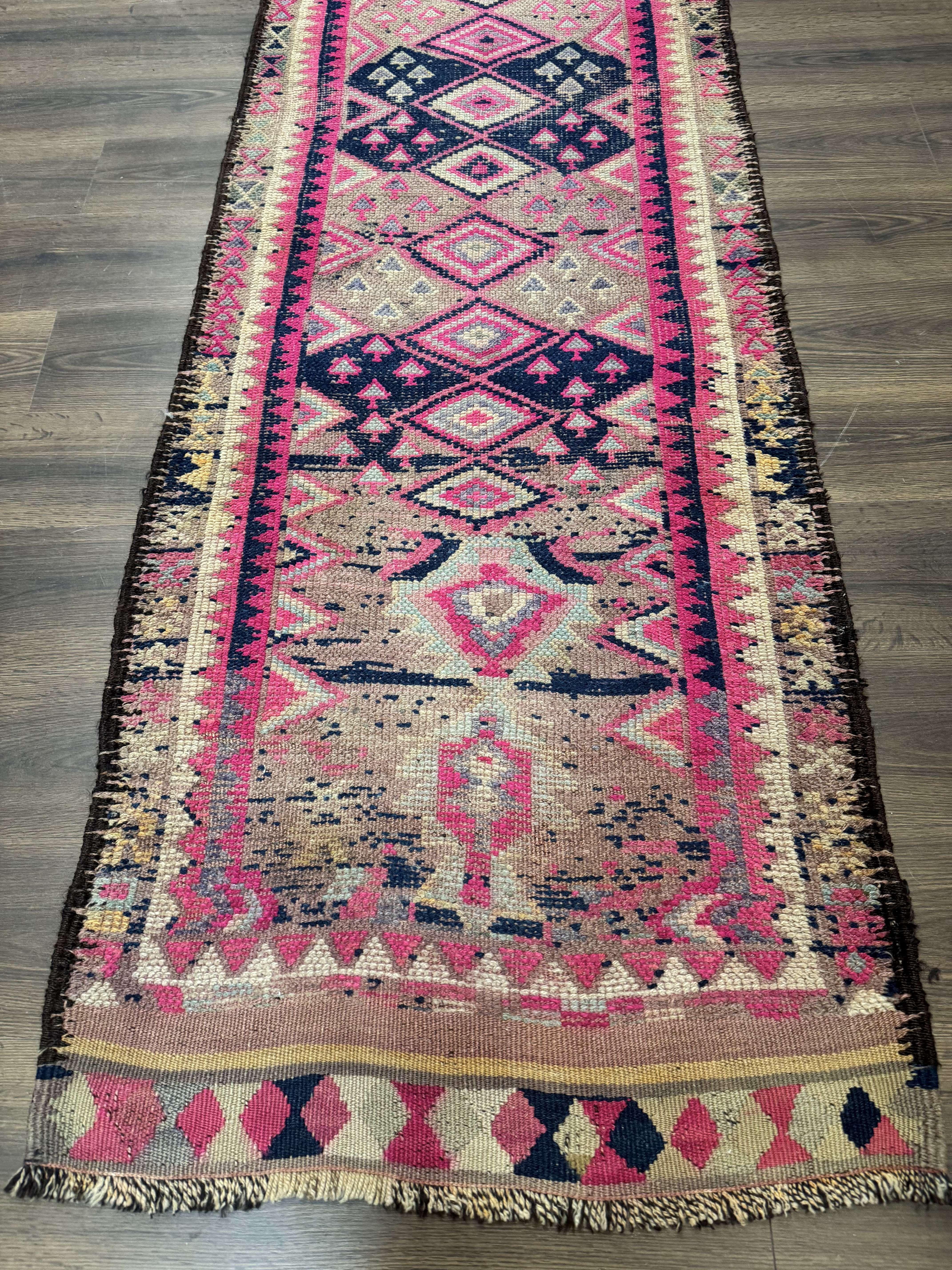 Turkish Runner Rug 3x10, Pink and Navy Blue, Bohemian Runner for Hallway or Kitchen, Vintage, Geometric, Tribal - Jewel Rugs