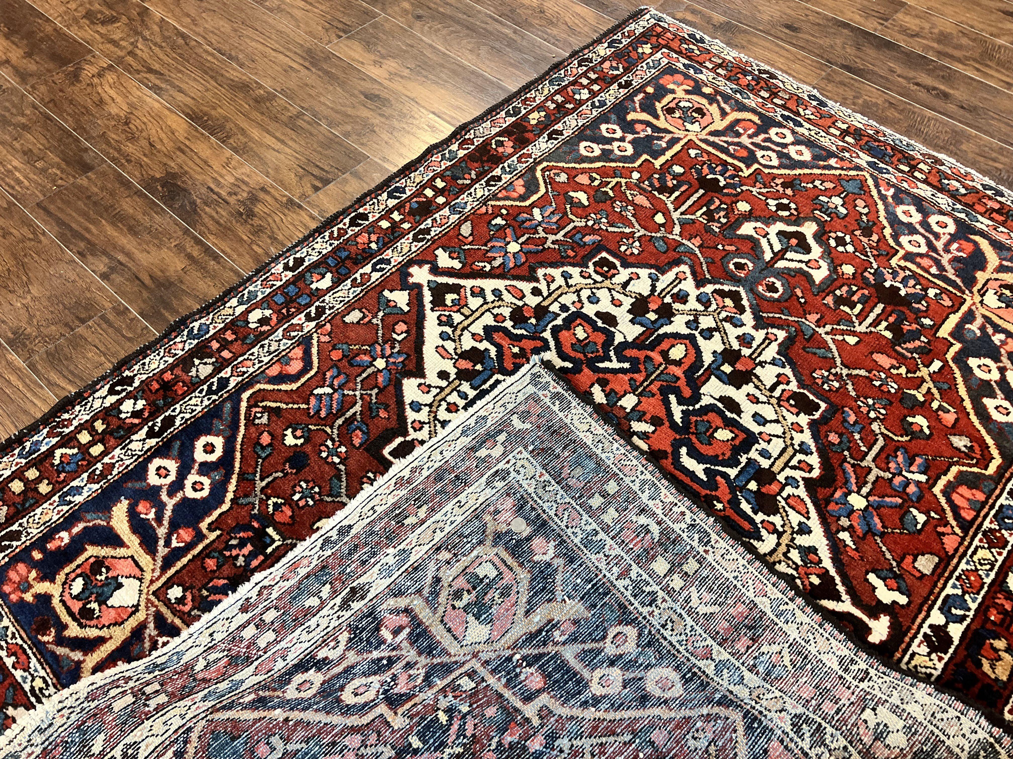 Persian Bakhtiari Rug 5 x 6.6, Tribal Geometric Carpet, Red Ivory, Handmade Wool Medium Sized Oriental Rug, Semi Antique Vintage - Jewel Rugs