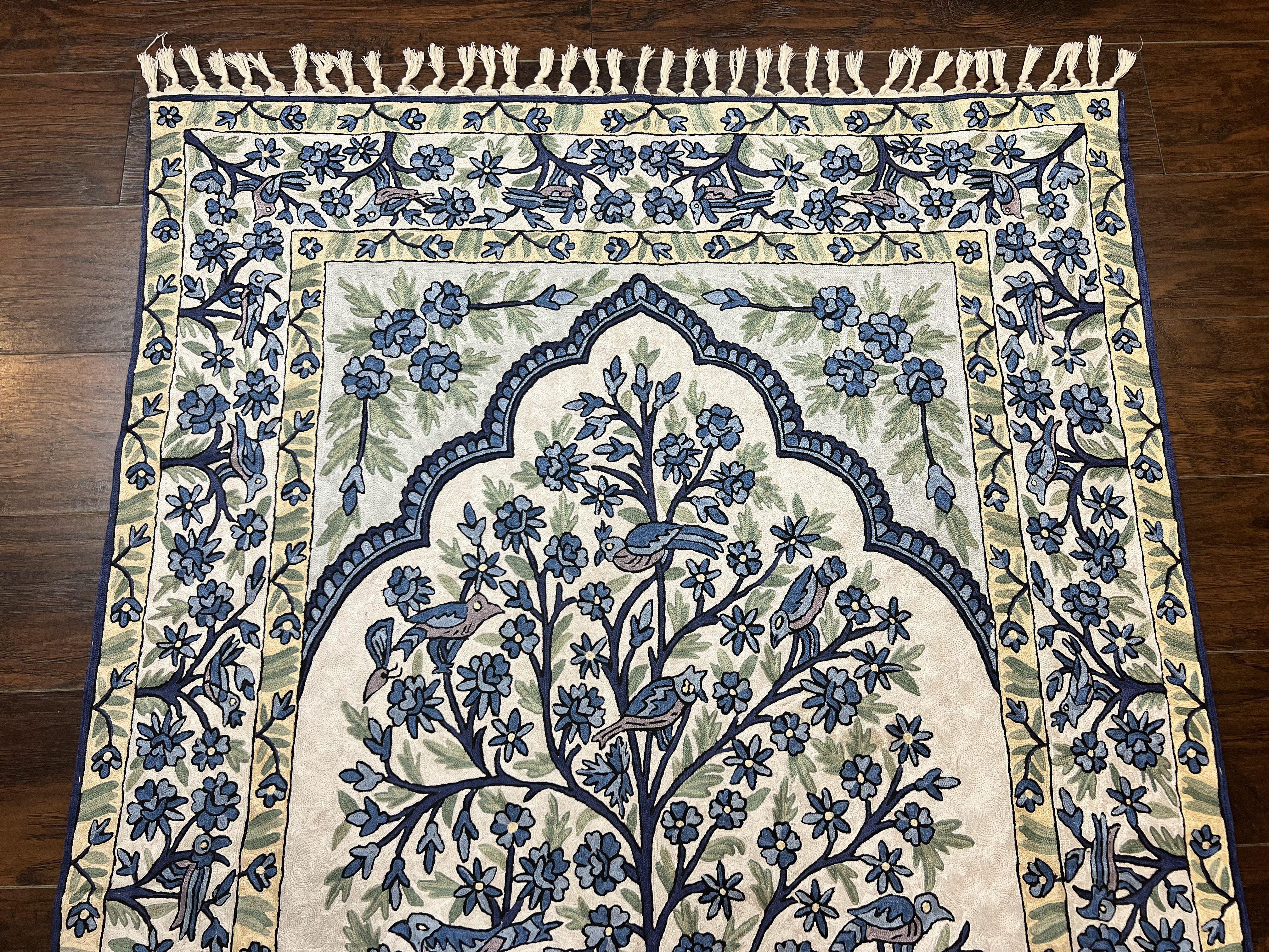 Tree of Life Indian Hand Stitched Rug 4x6, Indian Wall Hanging Rug, Ivory Blue, Silk on Cotton, Vintage - Jewel Rugs