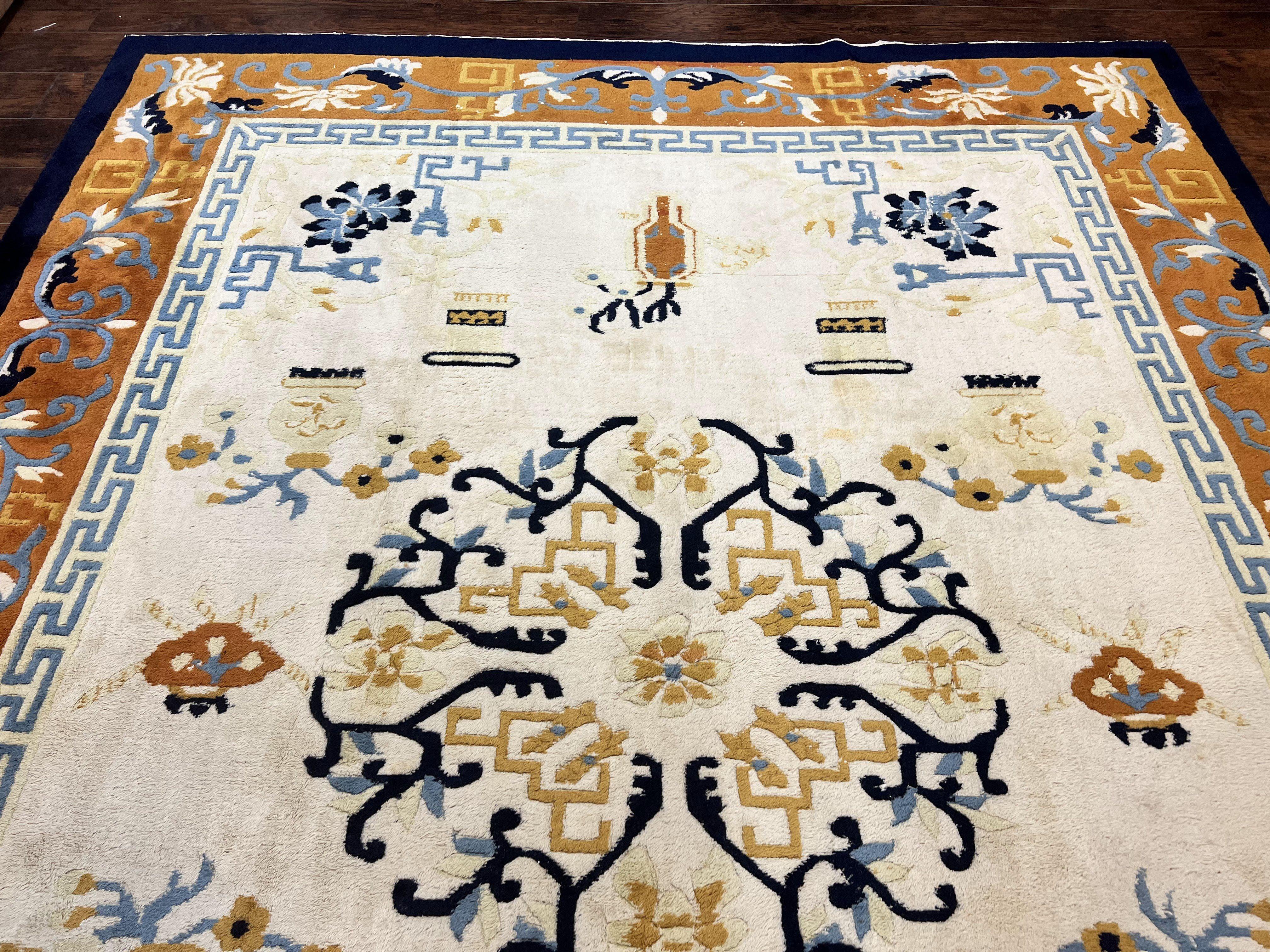 Indo Chinese Rug 9x12, Asian Oriental Carpet 9 x 12, Cream & Burnt Orange, Handmade Wool Vintage Art Deco Rug - Jewel Rugs