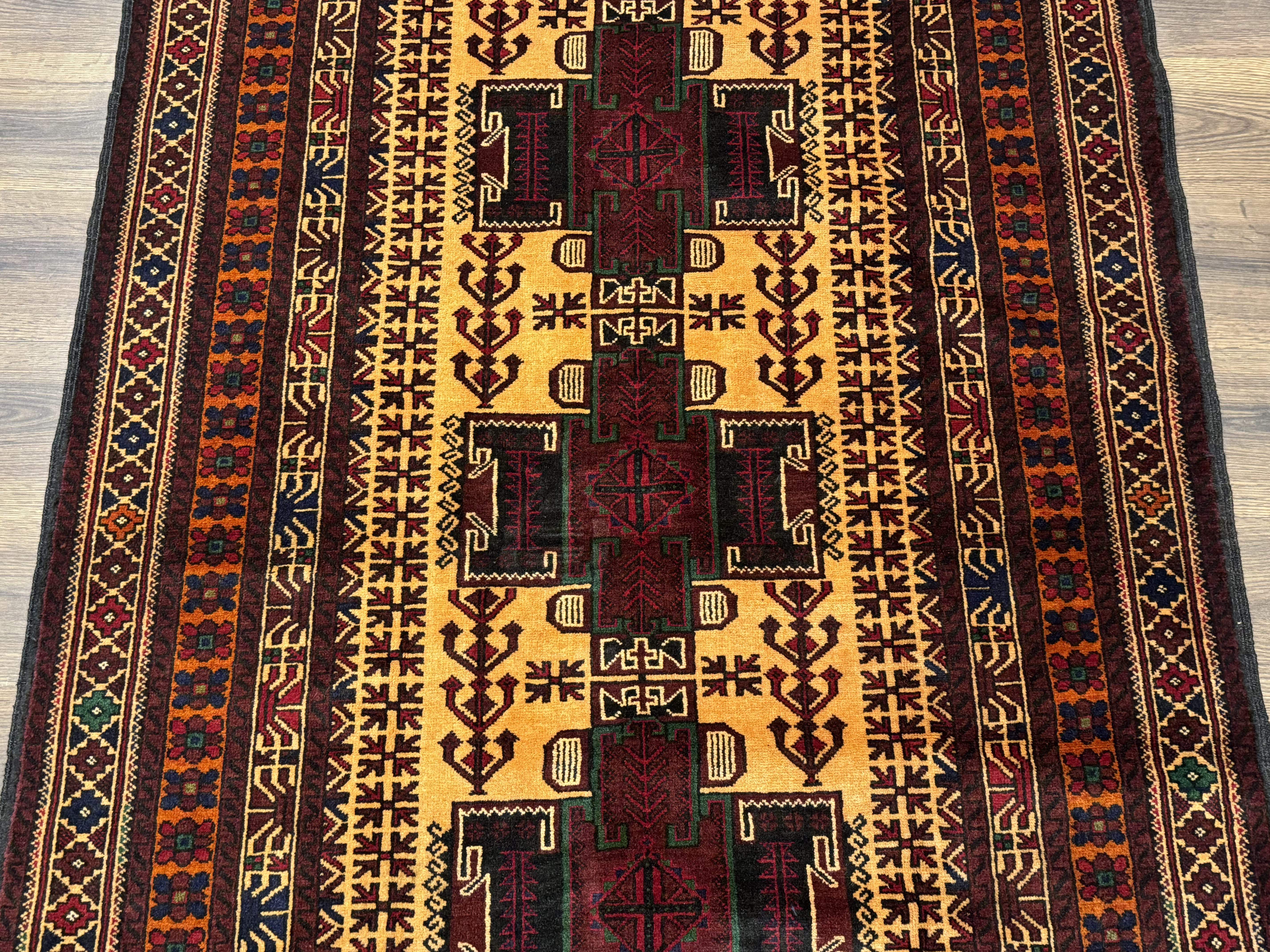 Persian Baluch Rug 4x7 – Golden Yellow and Burgundy, Hand-Knotted Wool Tribal Carpet - Jewel Rugs