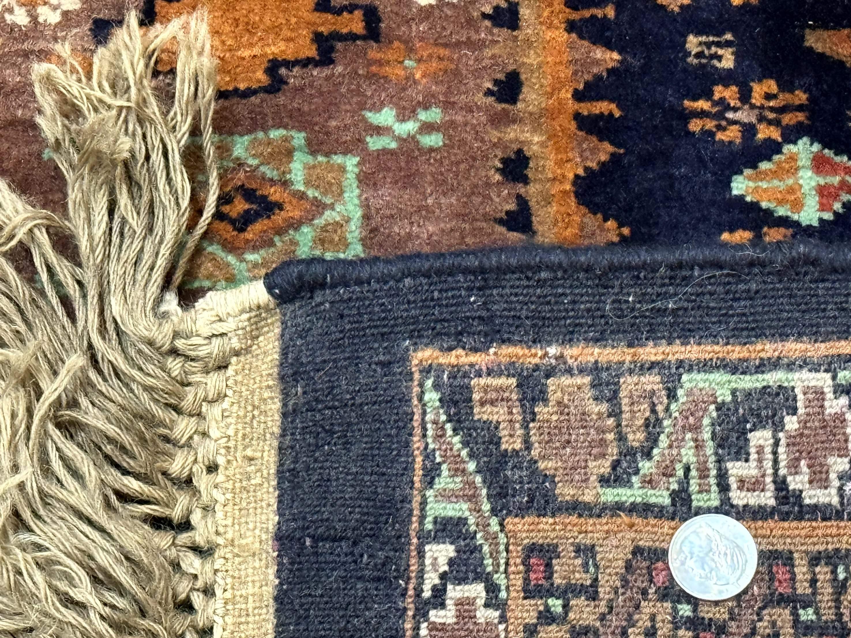 Vintage Afghan Rug 4x6, Navy Blue and Light Brown, Geometric Medallions, Wool on Wool, Tribal Rug - Jewel Rugs