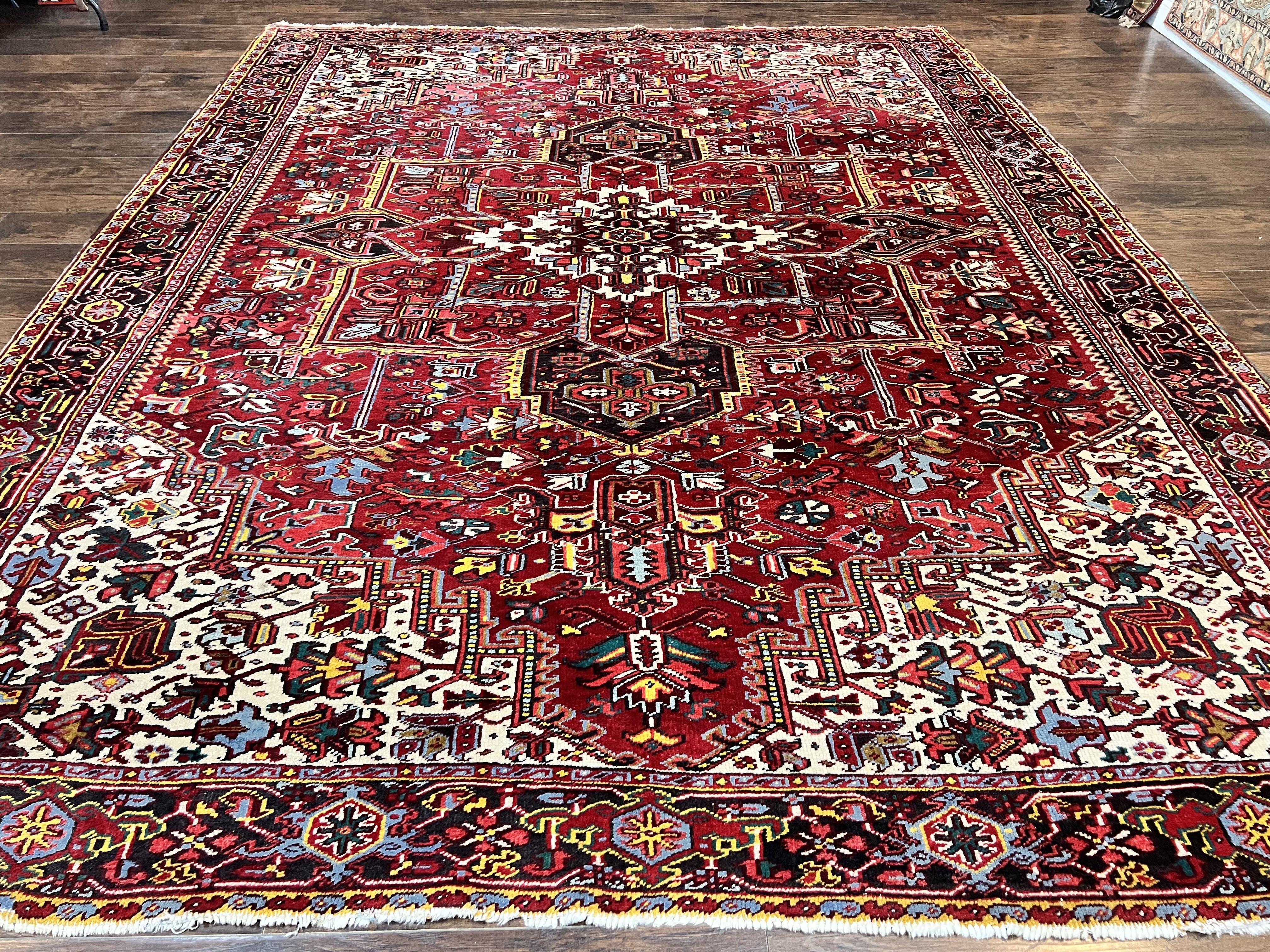 Persian Heriz Rug 10x13, Wool Hand Knotted Vintage Carpet, Geometric Medallion Tribal Oriental Rug, Red & Ivory, 10 x 13 Large Sized Rug - Jewel Rugs