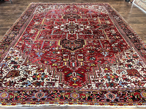 Persian Heriz Rug 10x13, Wool Hand Knotted Vintage Carpet, Geometric Medallion Tribal Oriental Rug, Red & Ivory, 10 x 13 Large Sized Rug