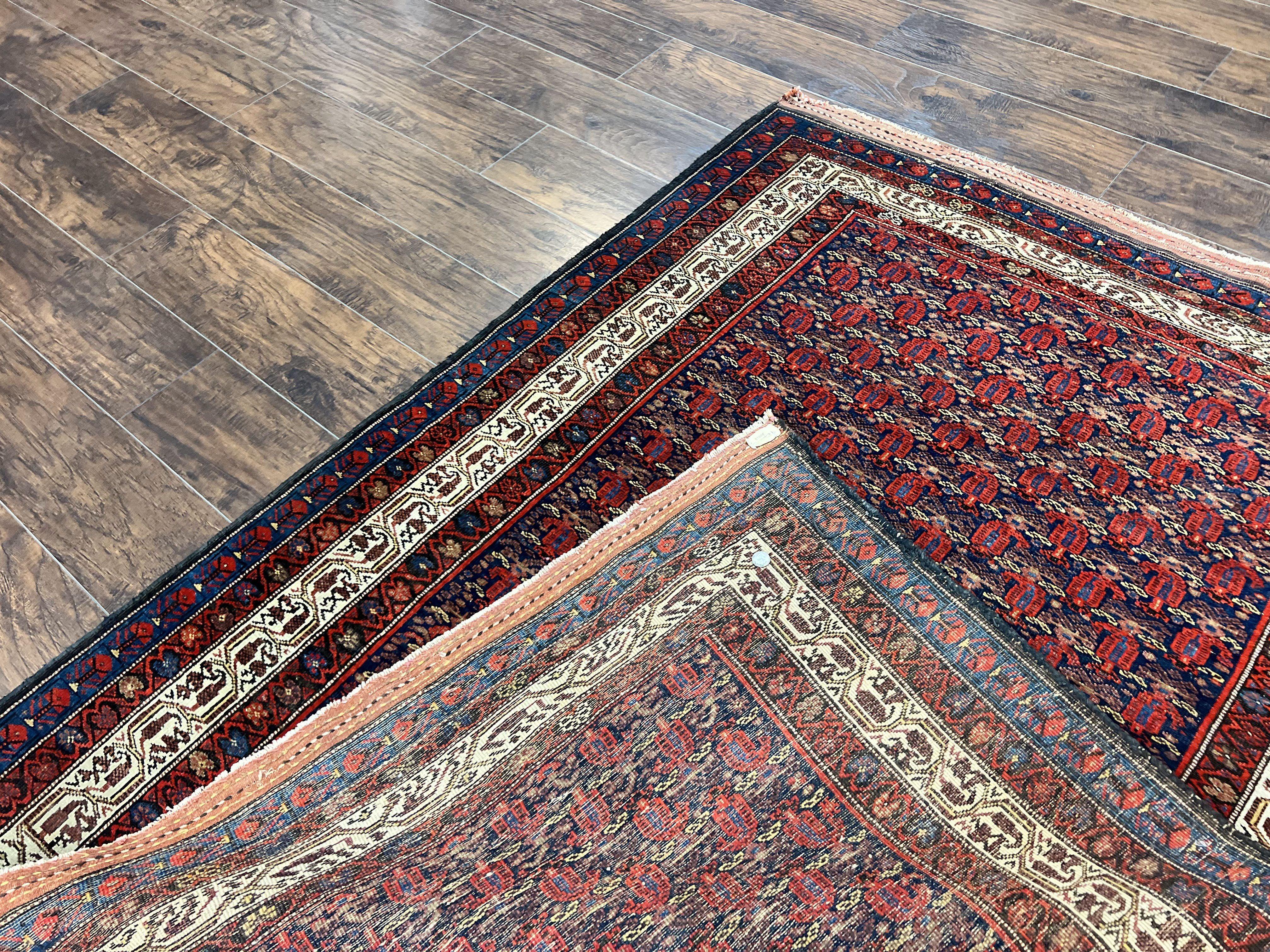 Persian Kurdish Rug 5x6, Wool Hand Knotted Vintage Carpet, Red Blue Cream, Boteh Paisley Pattern, 5 x 6 Medium Sized Oriental Rug - Jewel Rugs