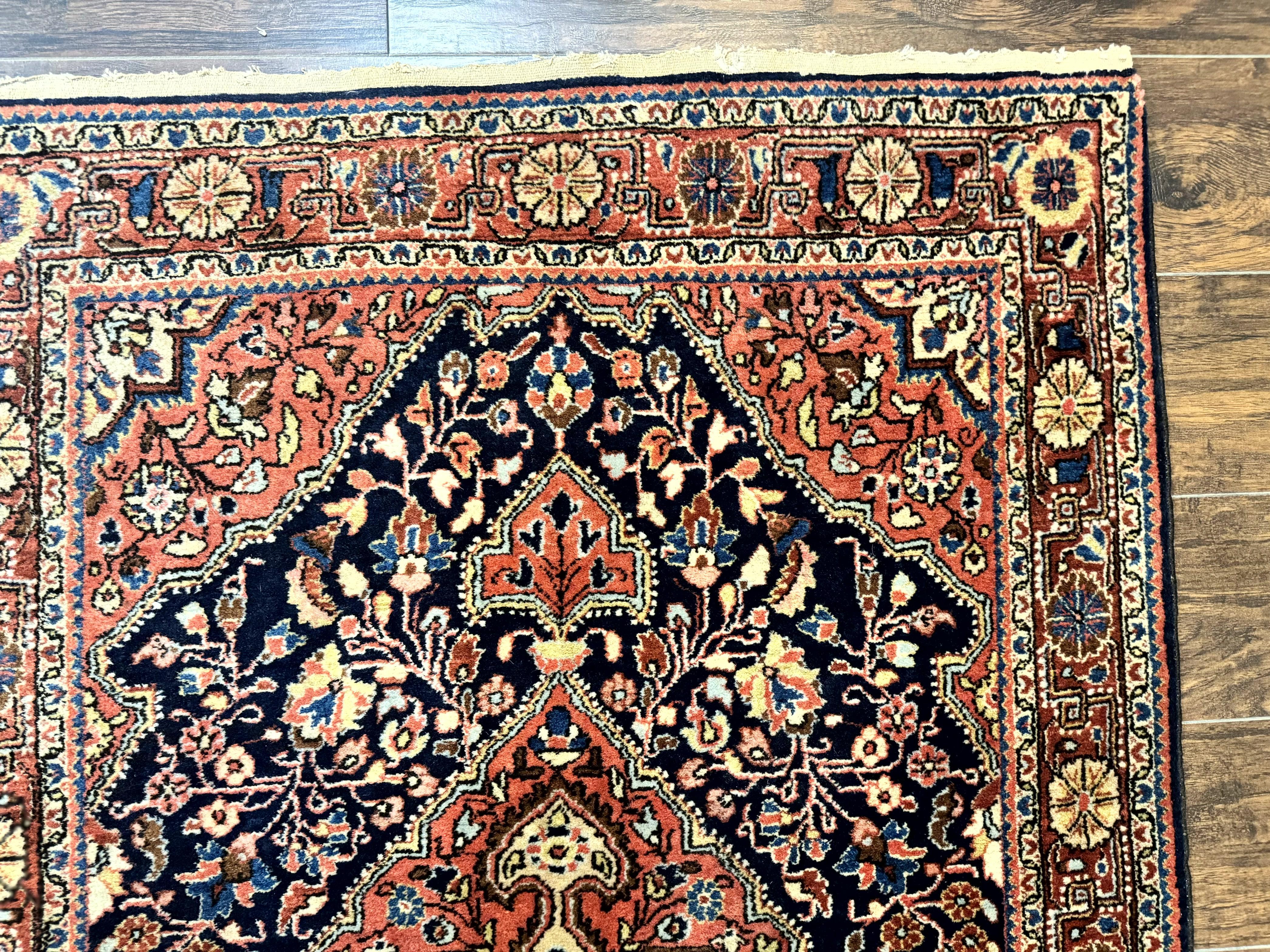 Persian Sarouk Rug 3.6 x 5, Medallion Rug, Red and Midnight Blue, Handmade Semi Antique Vintage Wool Carpet - Jewel Rugs