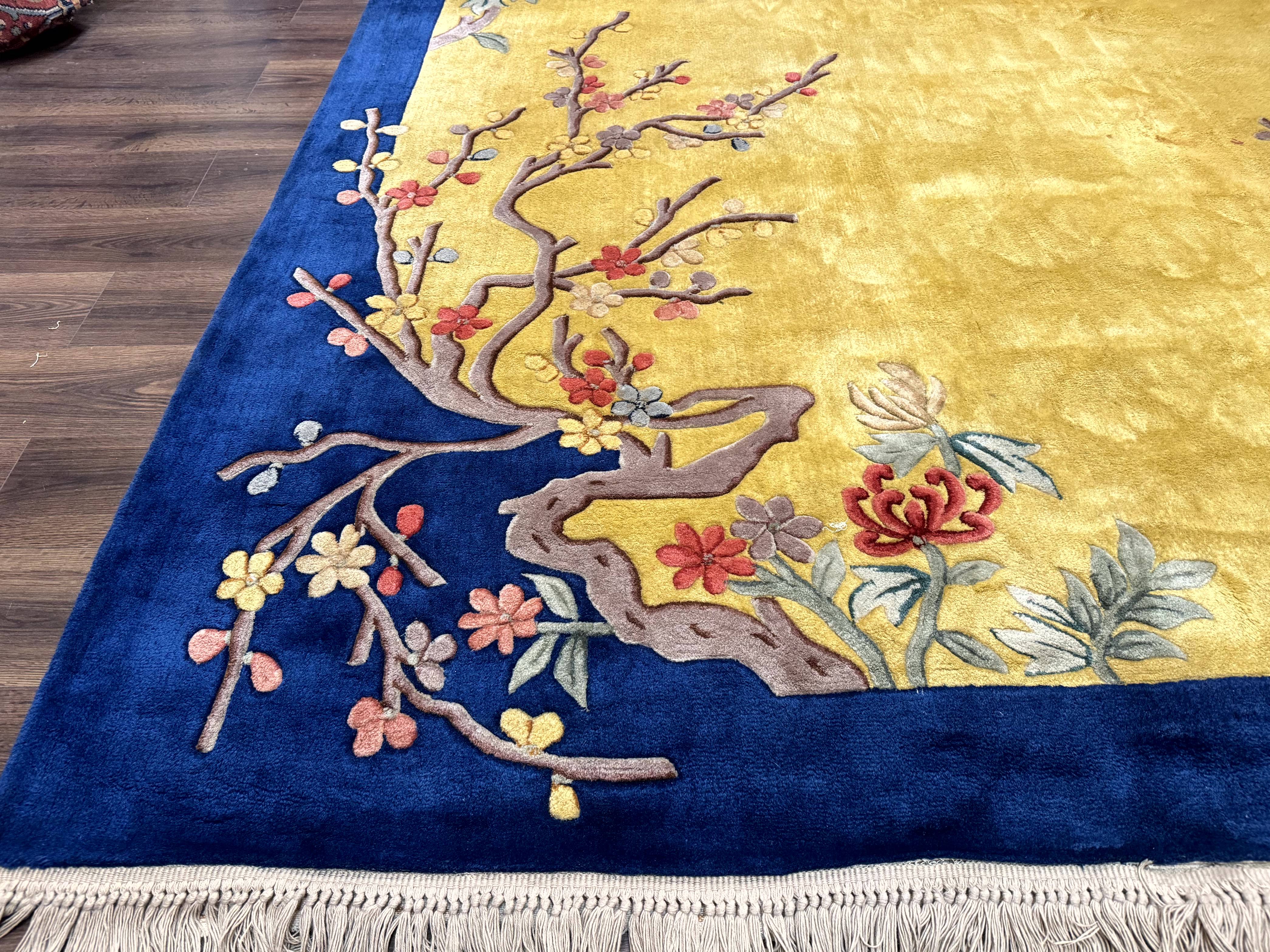 Chinese Peking Rug 9.6 x 13, Light Mustard & Blue, Wool Chinese Carpet, Hand Tufted, Vintage - Jewel Rugs