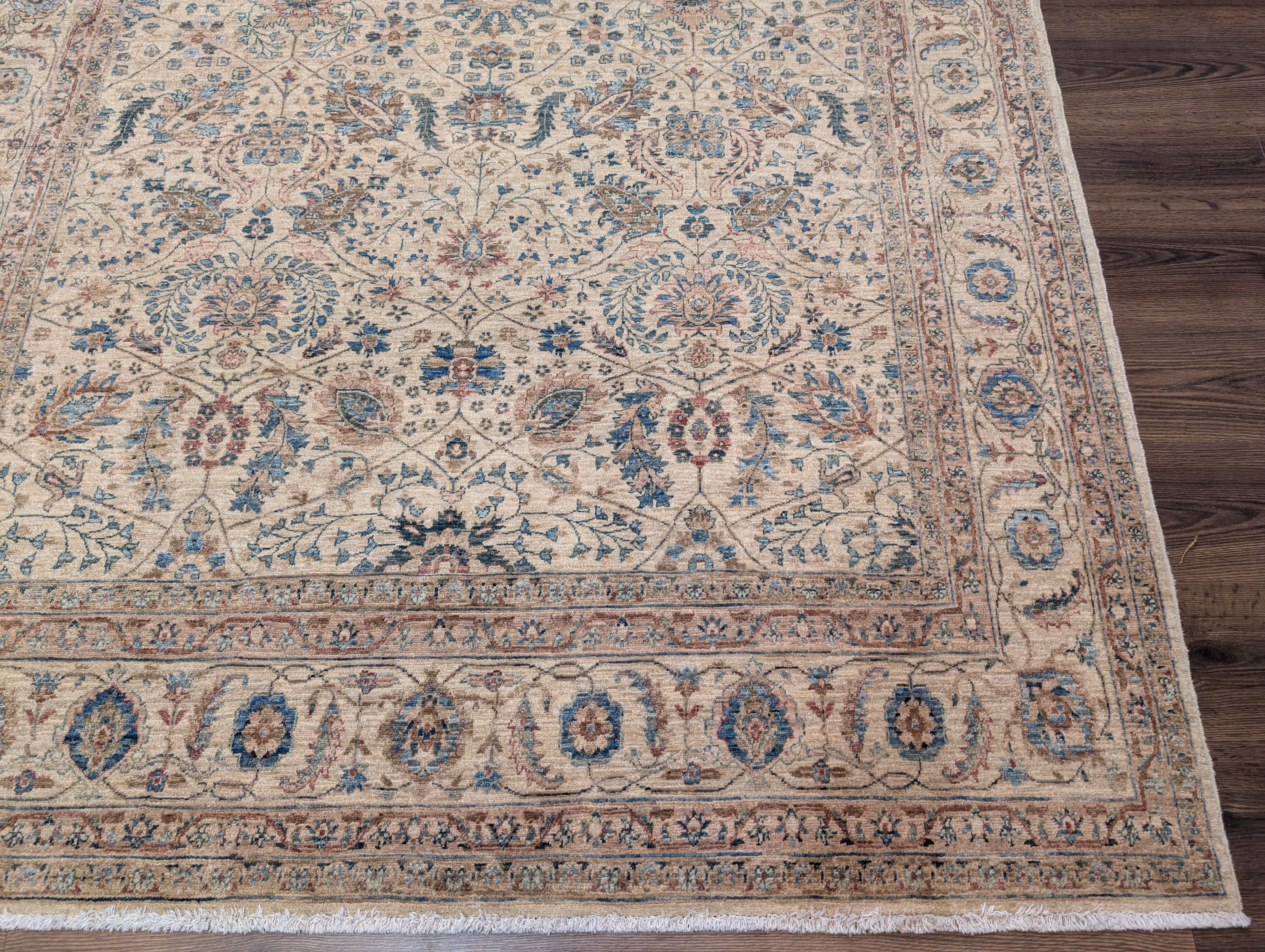 Persian Kashan Rug 6x9 – Oat and Blue Hand Knotted Wool Carpet, Light Colors, 200 KPSI - Jewel Rugs