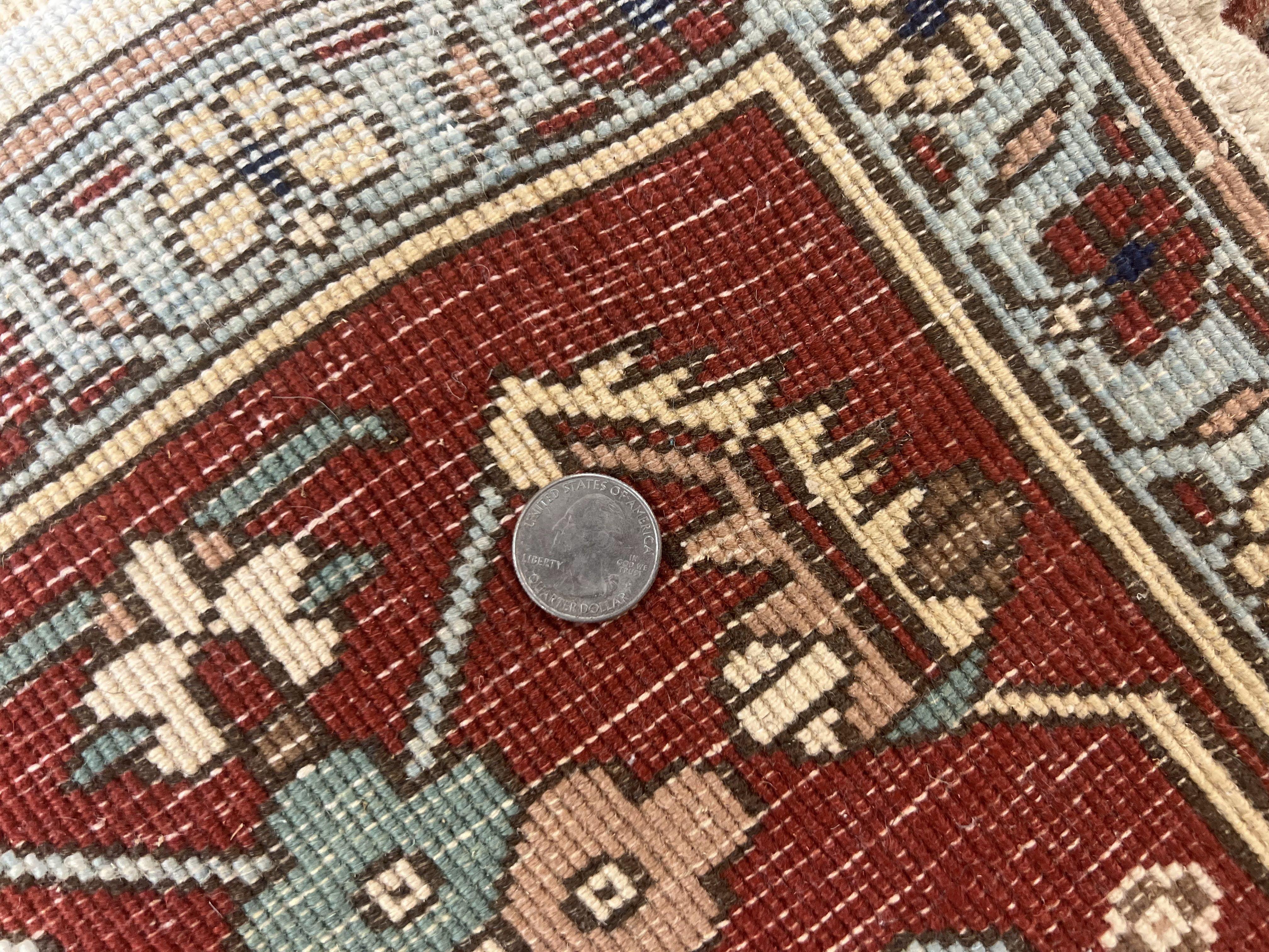 Indo Heriz Rug 9x12, Geometric Indo Persian Room Sized Decorative Area Rug 9 x 12 ft, Cream Navy Blue Pink Handmade Vintage Wool Carpet - Jewel Rugs