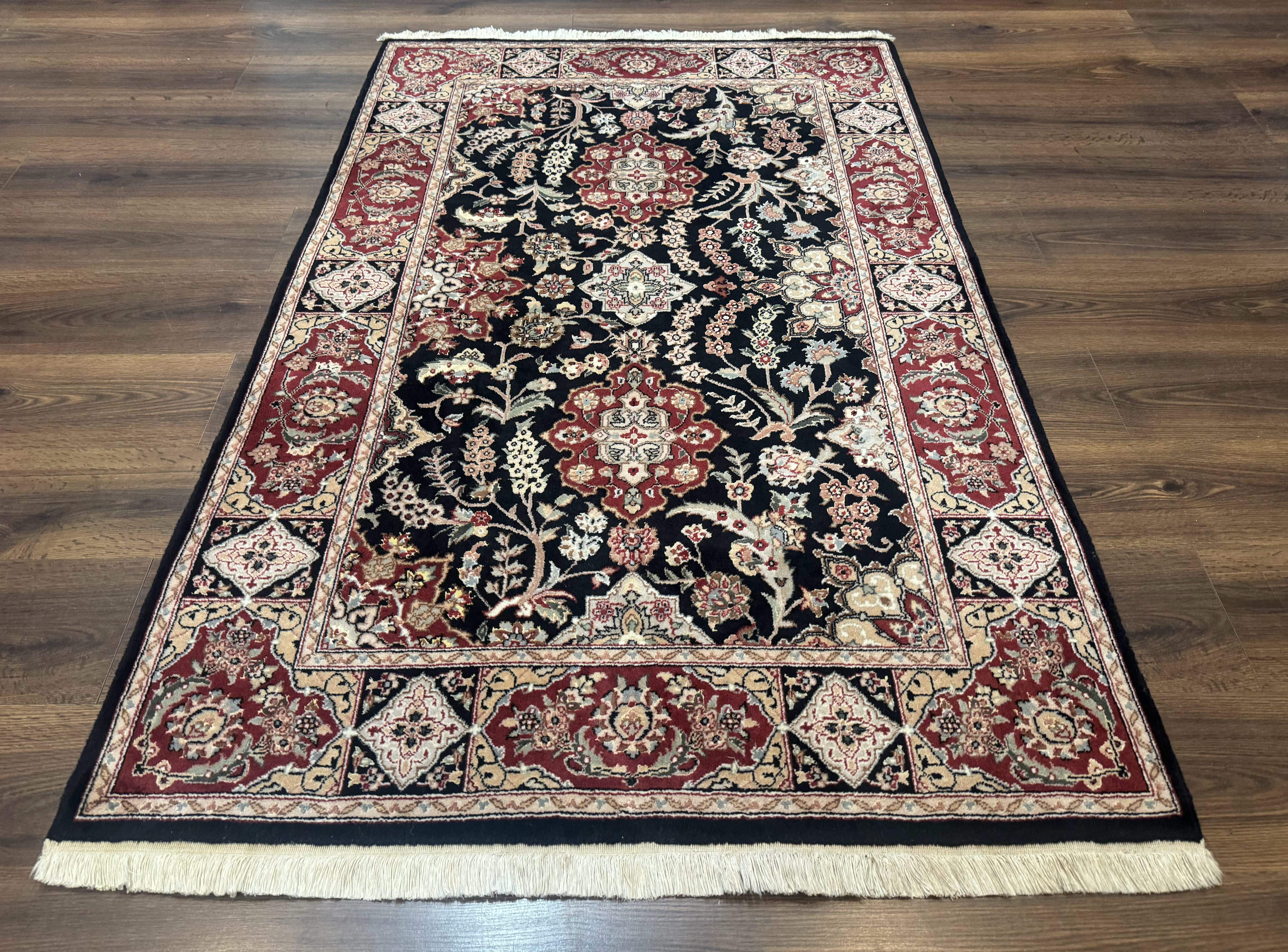 Pak Persian Rug 4x6, Black and Burgundy, Floral Allover, Wool and Silk - Jewel Rugs