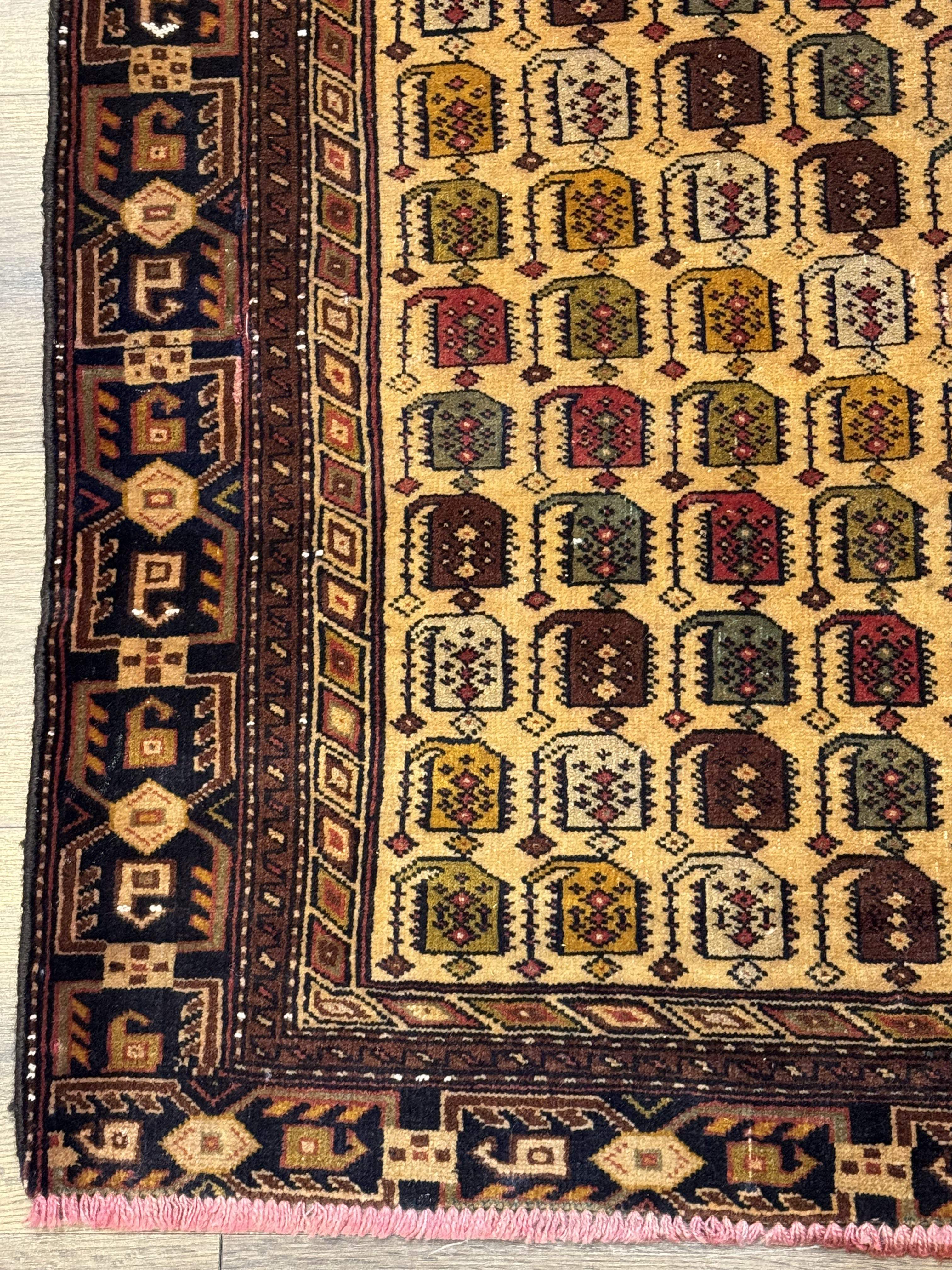 Persian Baluchi Prayer Rug 3x5 – Repeated Boteh Design, Golden-Tan, Handmade Wool Carpet - Jewel Rugs