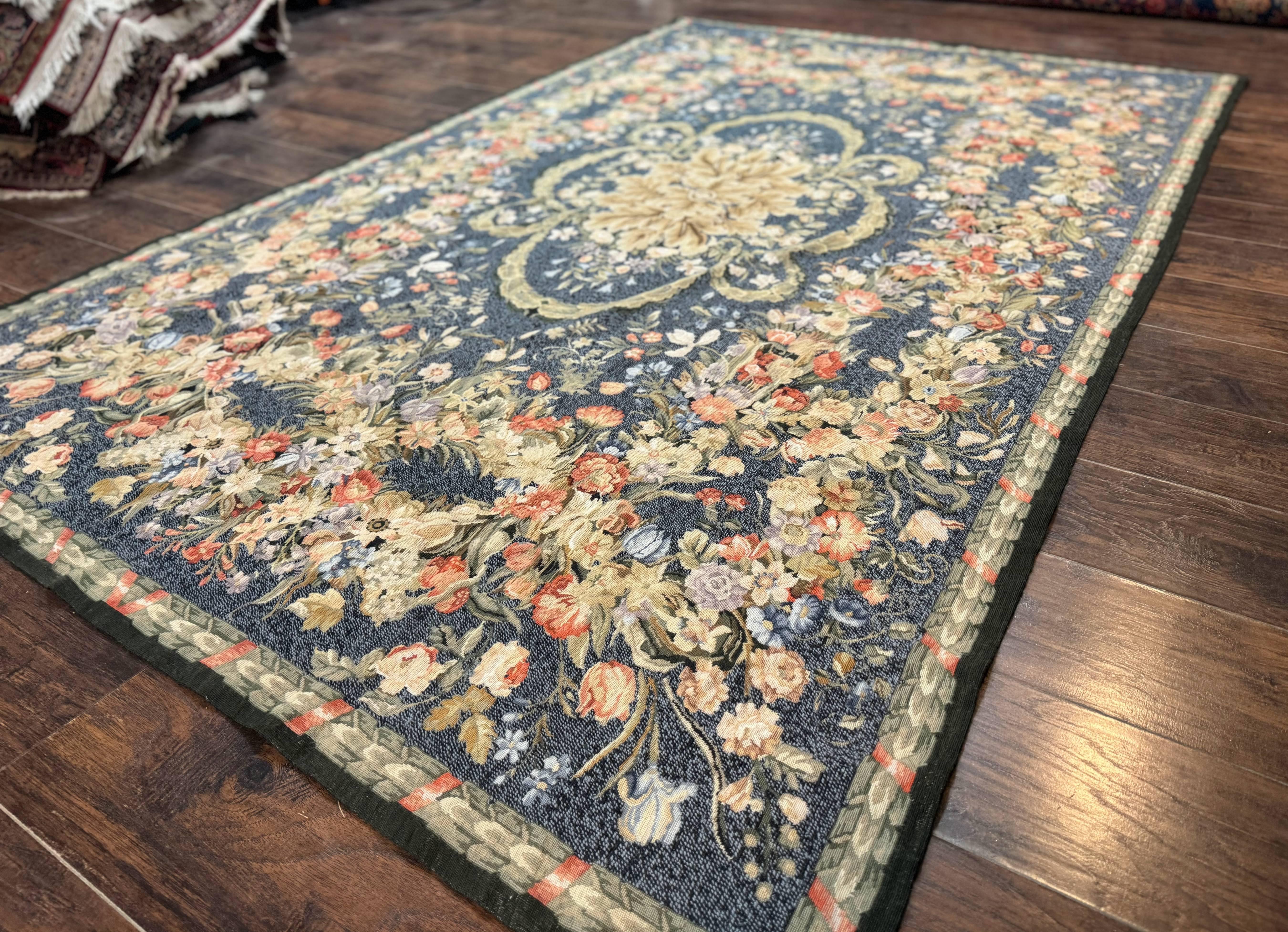 Needlepoint Rug 6x9, Petitepoint Area Rug, Floral Bouquets, European Aubusson French Design, Wool - Jewel Rugs
