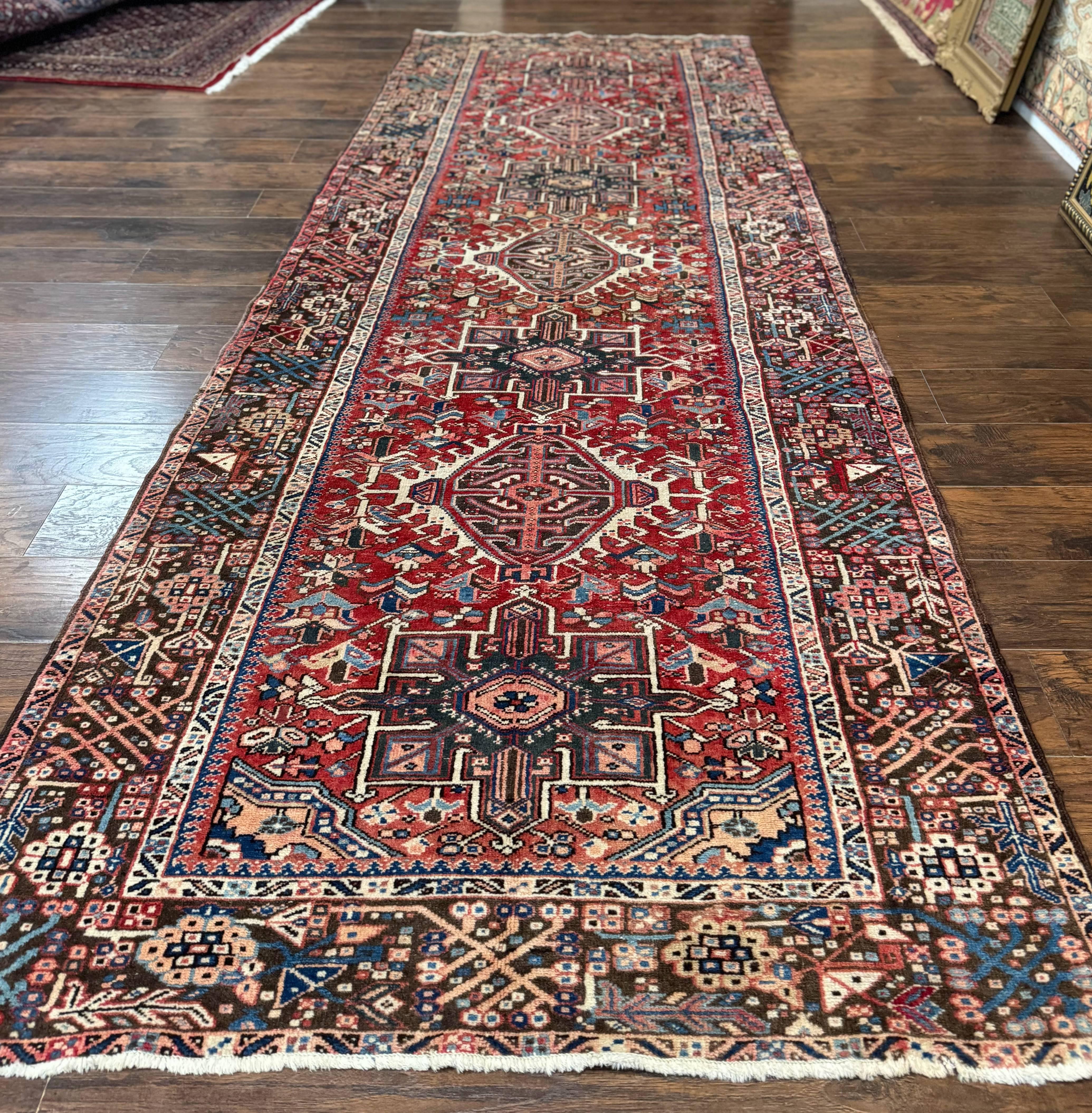 Perisan Heriz Rug 5x13, Wide Runner Rug, Geometric Medallions Tribal Carpet, Antique, Red, Rare Size, Wool Handmade Runner - Jewel Rugs