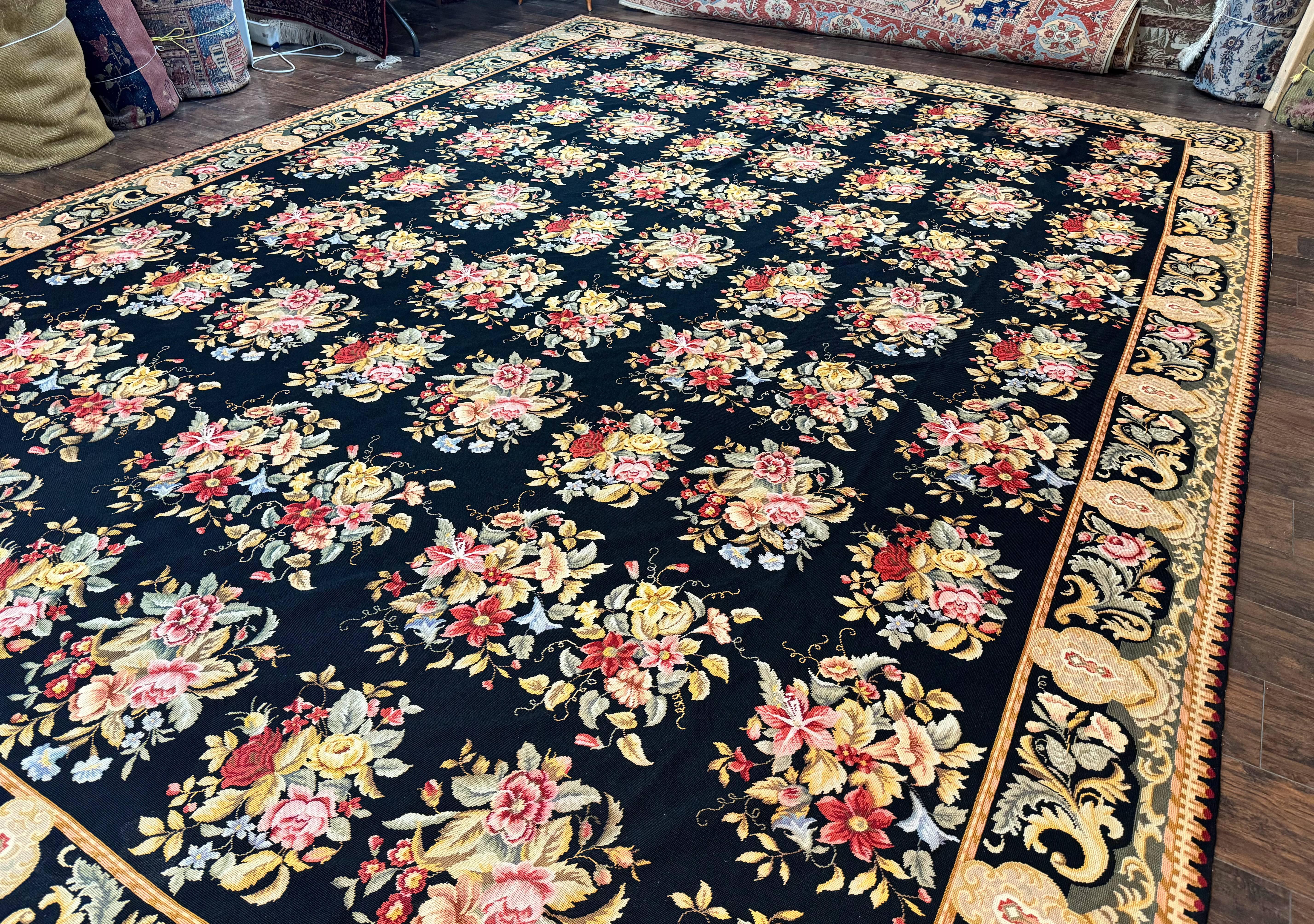 Palace Size Needlepoint Rug 12x16, Black and Colorful, Floral Panel, Handmade Oversized Wool Needlepoint Carpet, Rare - Jewel Rugs