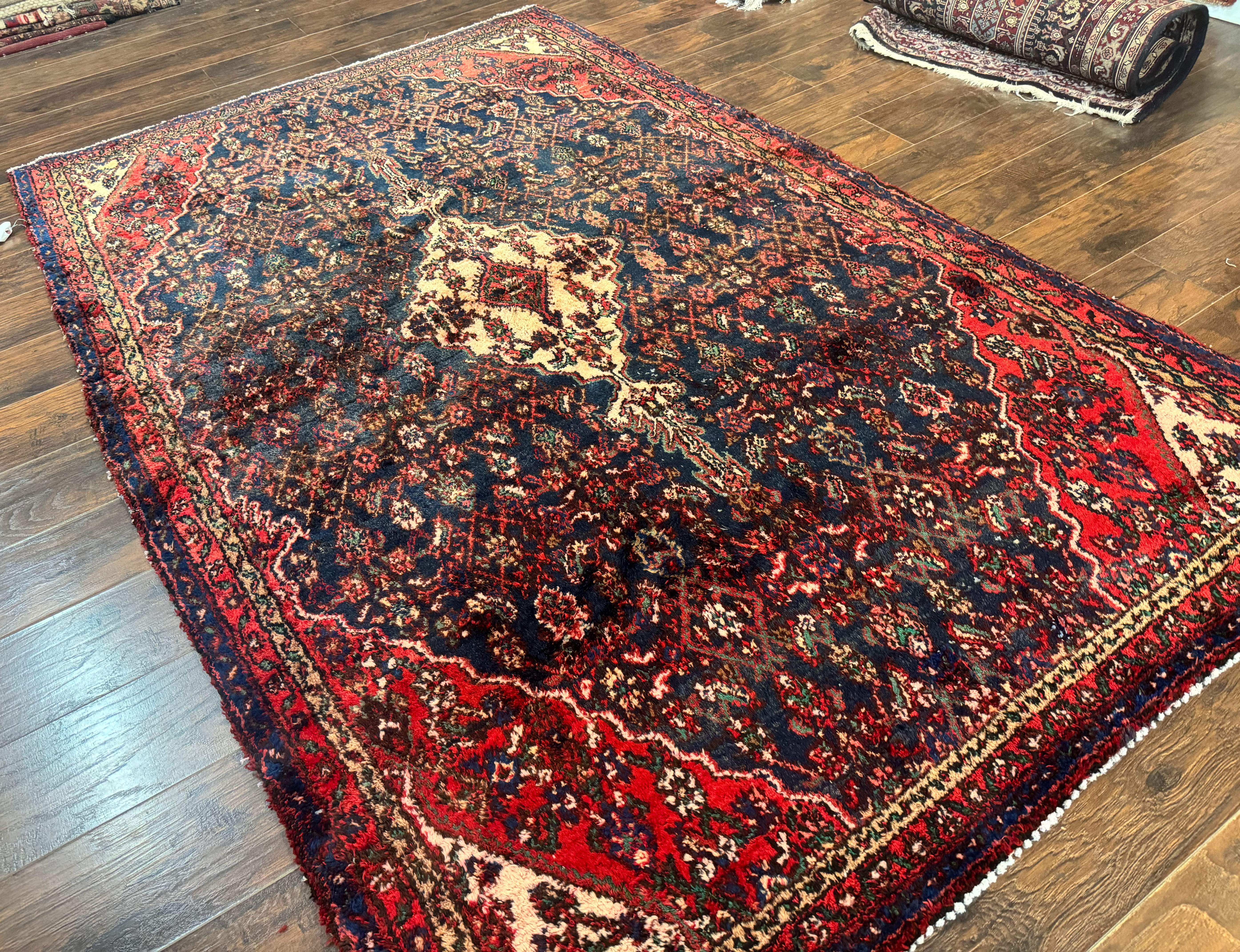 Antique Persian Hamadan Rug 6x9 – Blue and Red, Hand-Knotted Wool Carpet - Jewel Rugs