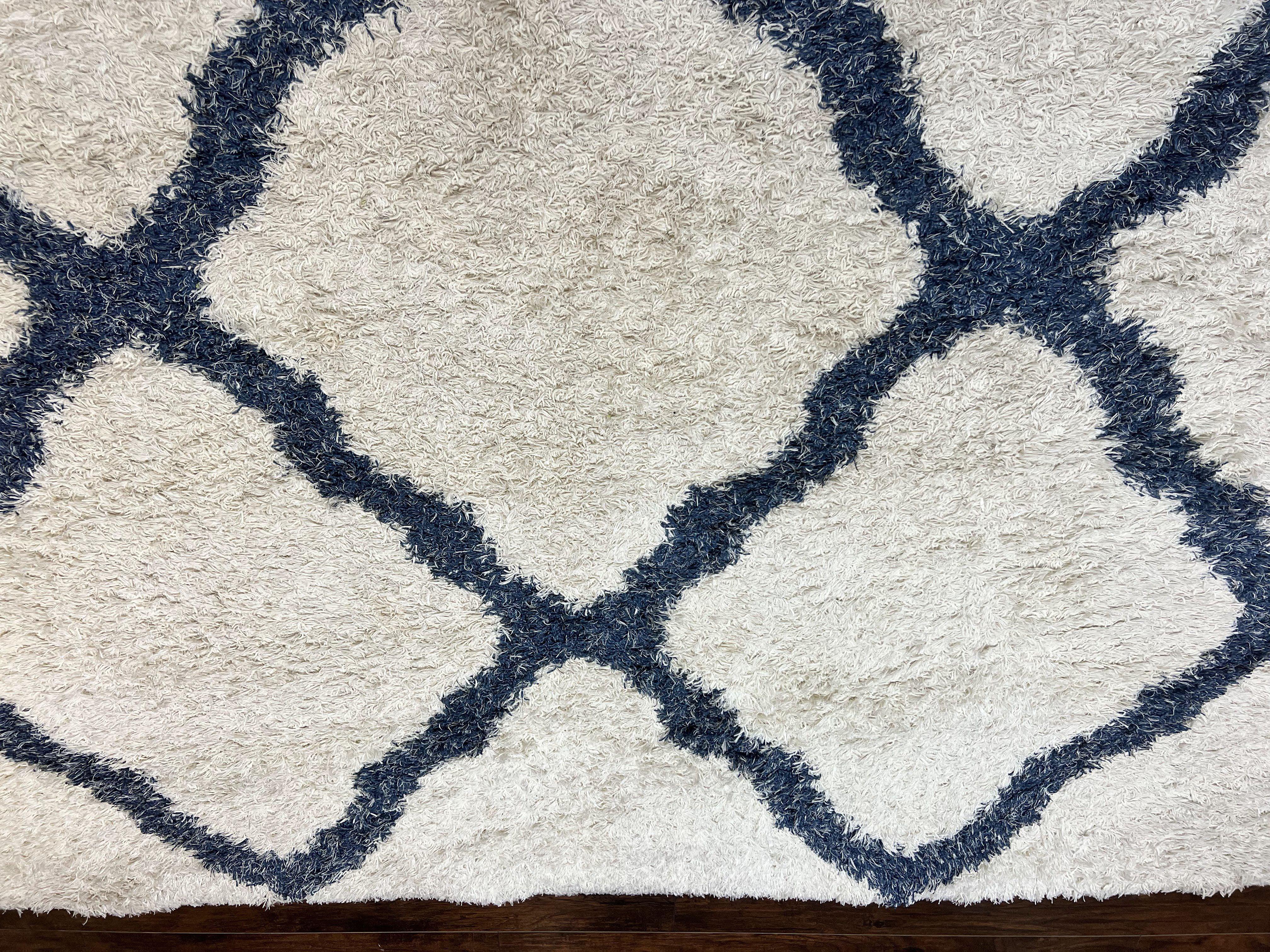 Modern Shag Rug 9x12, Ivory and Dark Blue, Diamond Pattern, Soft, Room Sized, Contemporary Rug, Plush - Jewel Rugs