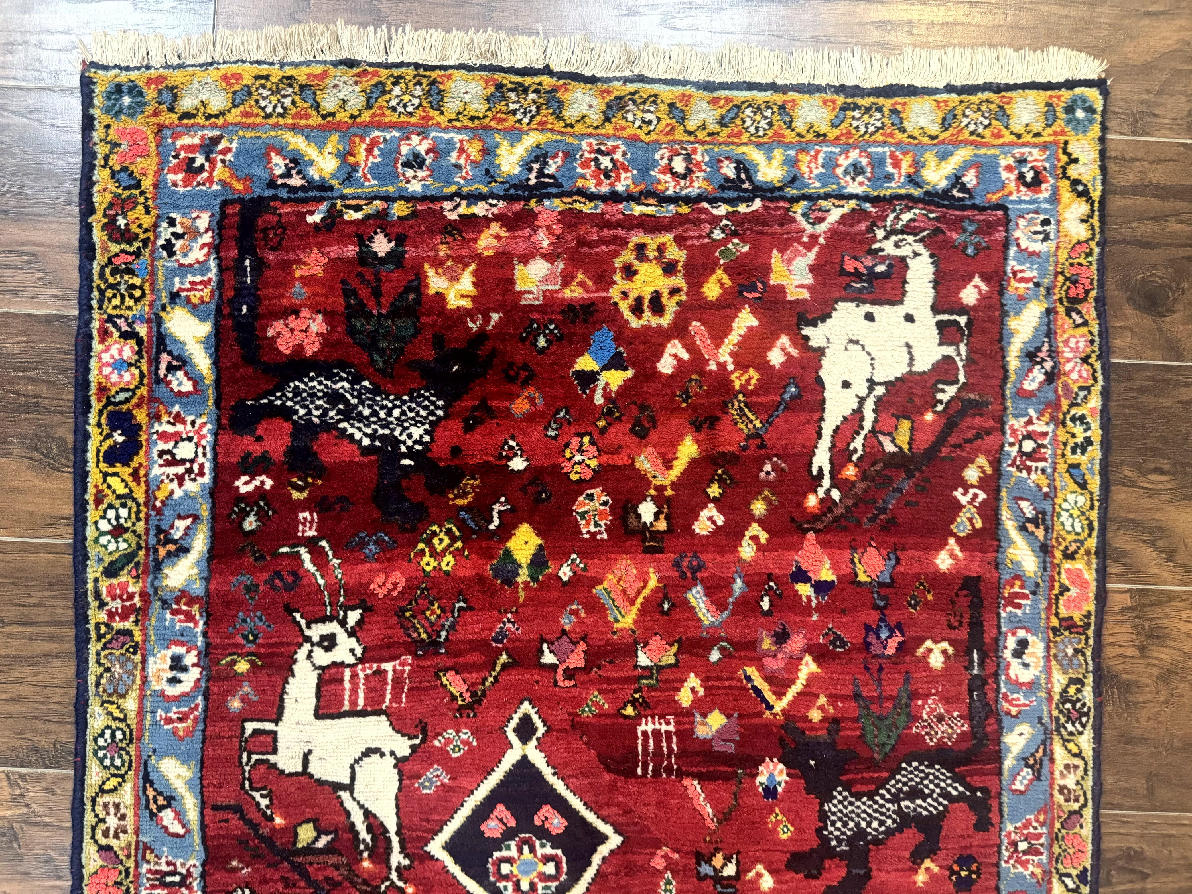 Persian Gabbeh Rug 3x5, Animal Pictorials, Wool and Silk, Handmade Vintage Small Rug, Red - Jewel Rugs
