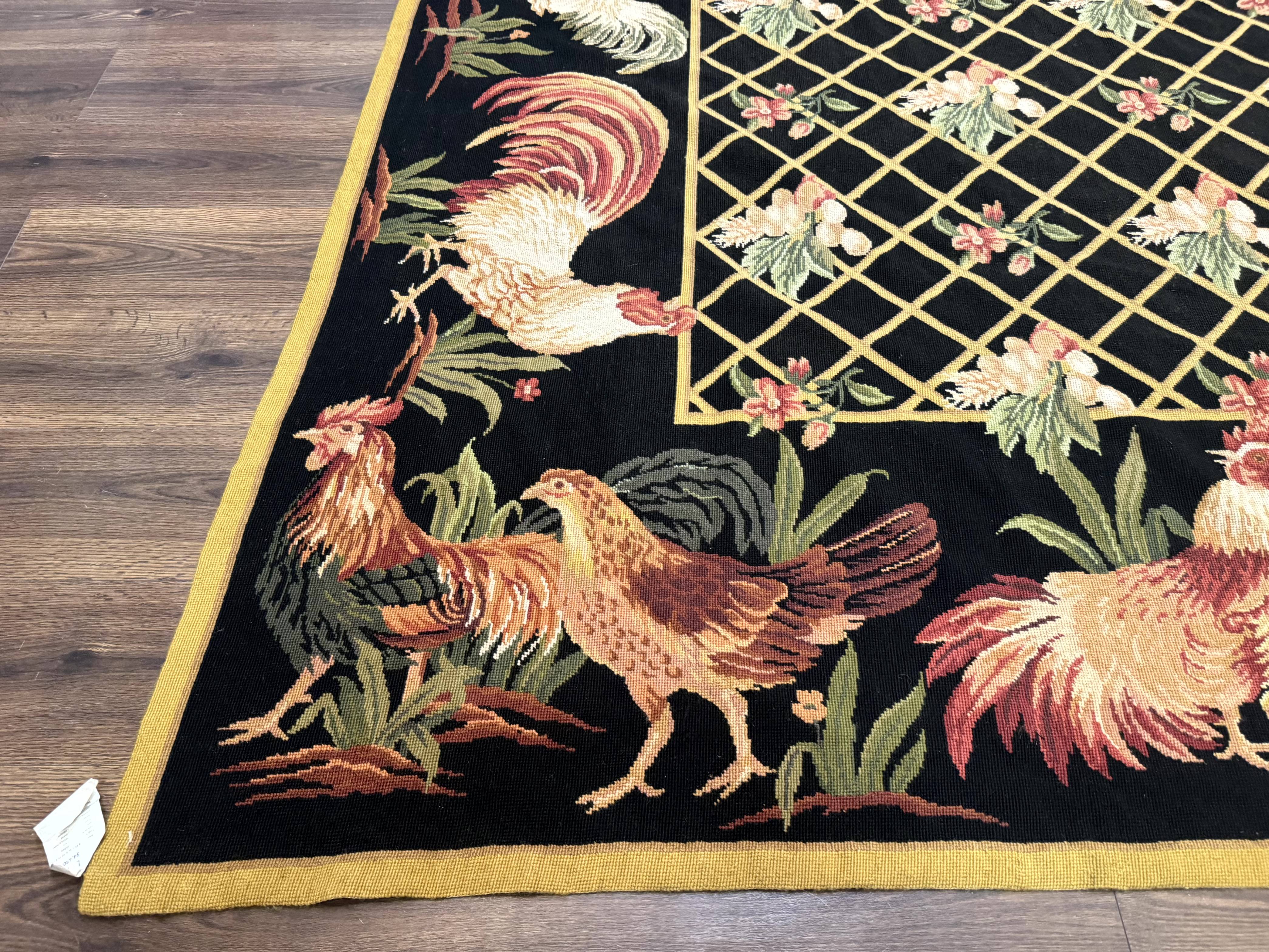 Black Needlepoint Rug 8x10, Roosters Floral Unique Needlepoint Carpet - Jewel Rugs