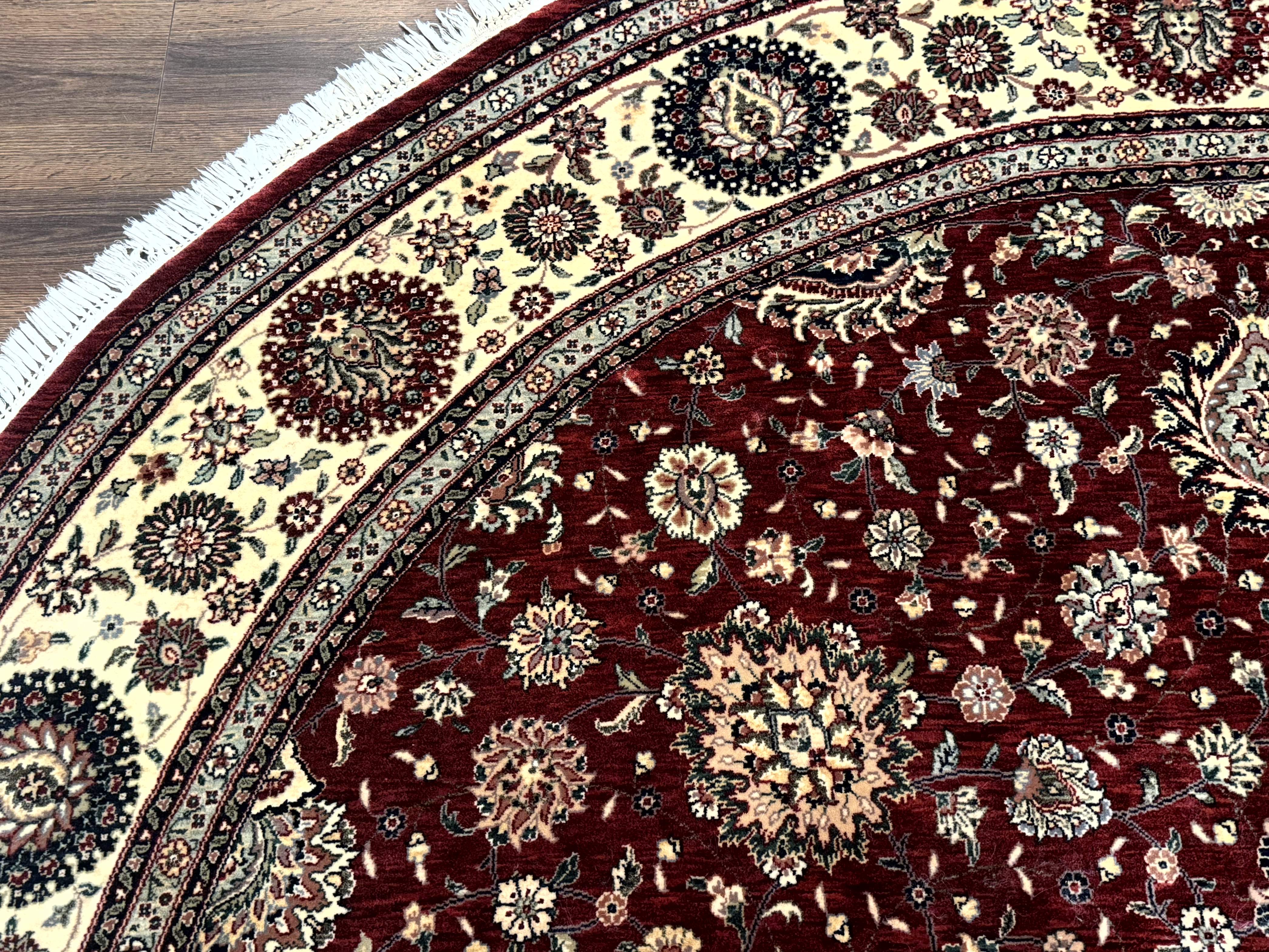 Round Sino Persian Rug 9x9, Burgundy and Cream, Floral, Wool and Silk, 9ft Round Carpet - Jewel Rugs