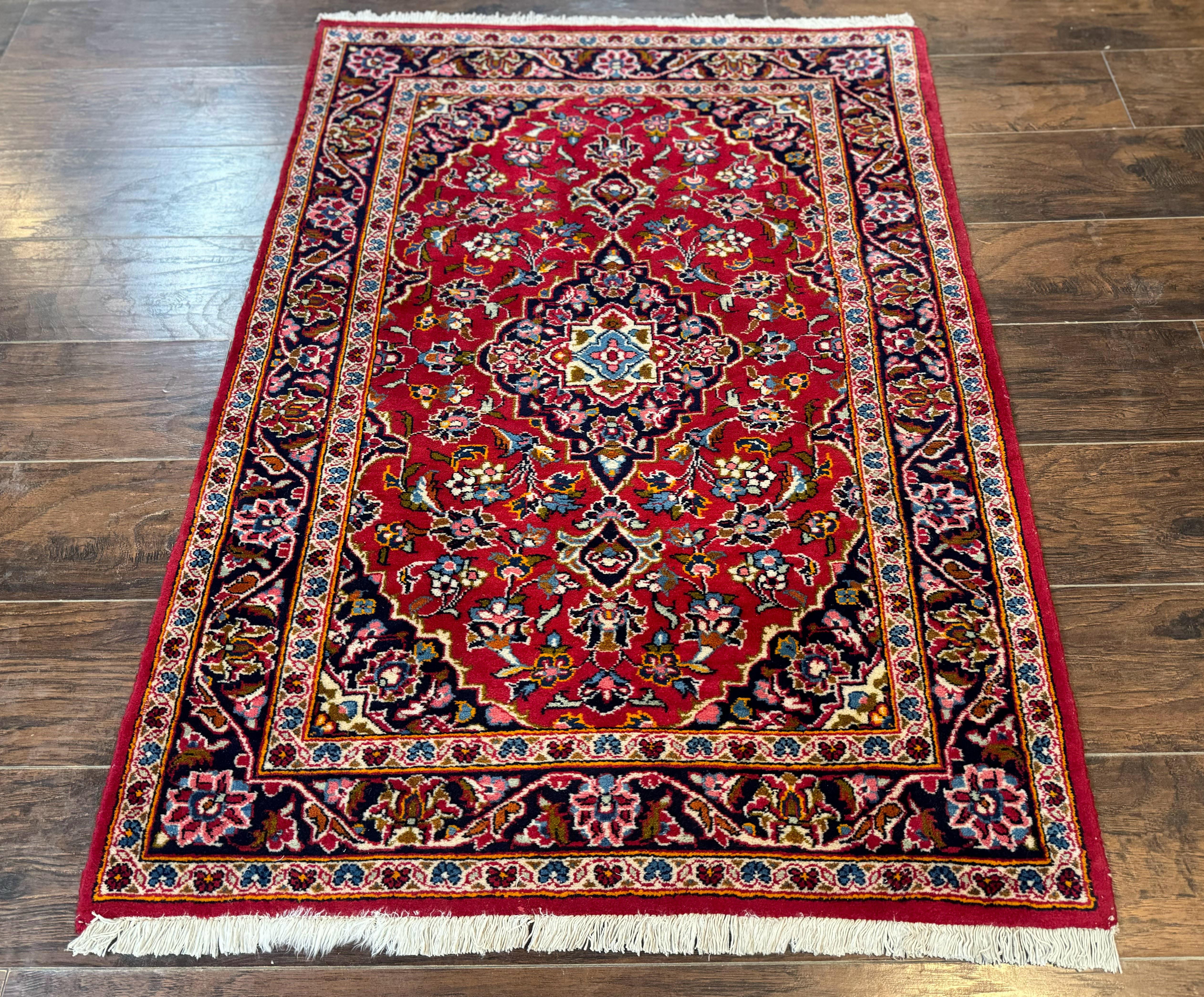 Small Red Persian Kashan Rug 3x5, Floral Medallion, Semi Antique, 150 KPSI, Wool, Handmade - Jewel Rugs