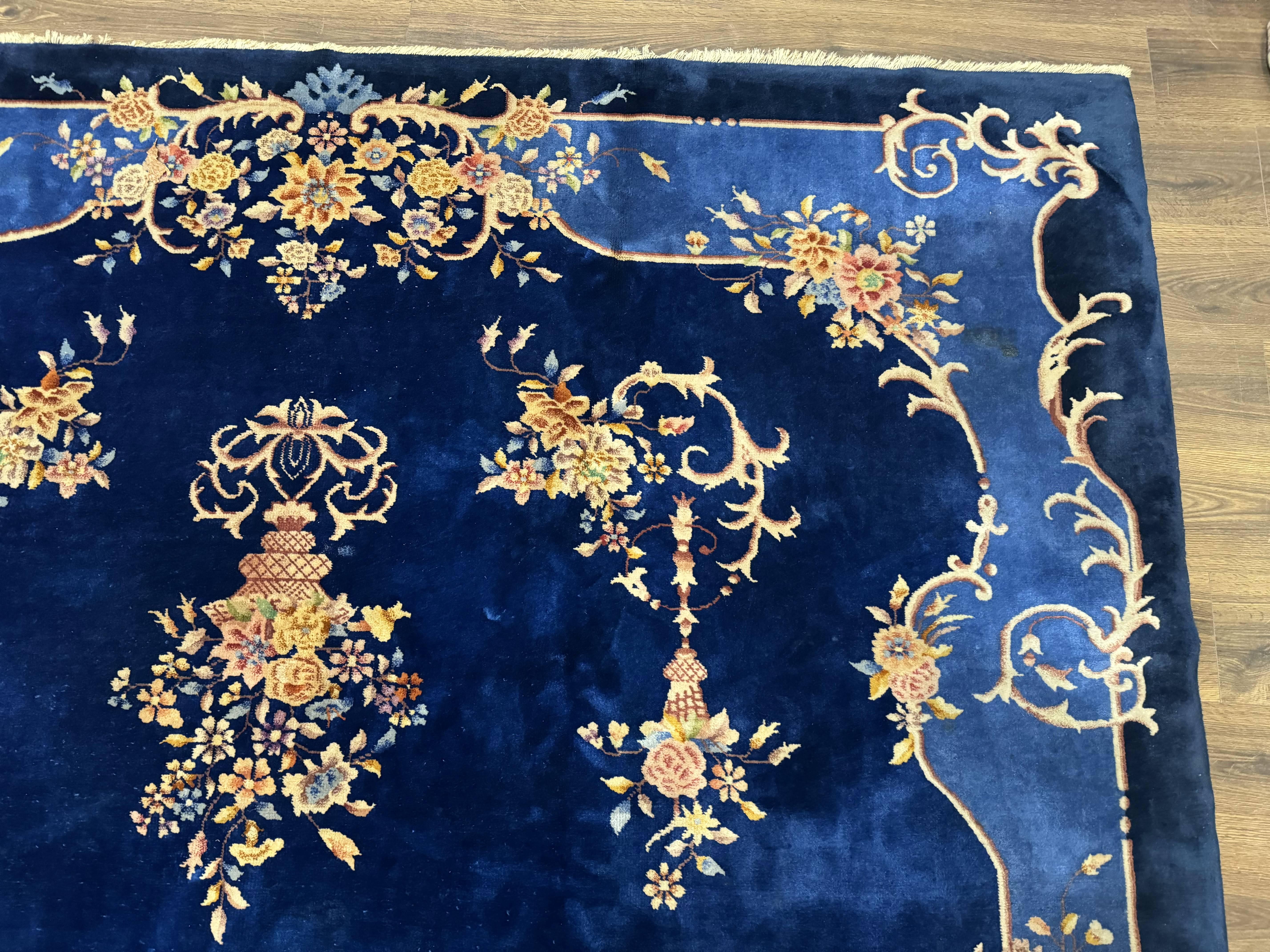 Blue Chinese Art Deco Rug 9x12, Vintage Antique Chinese Wool Rug, Chinese Fette Rug - Jewel Rugs