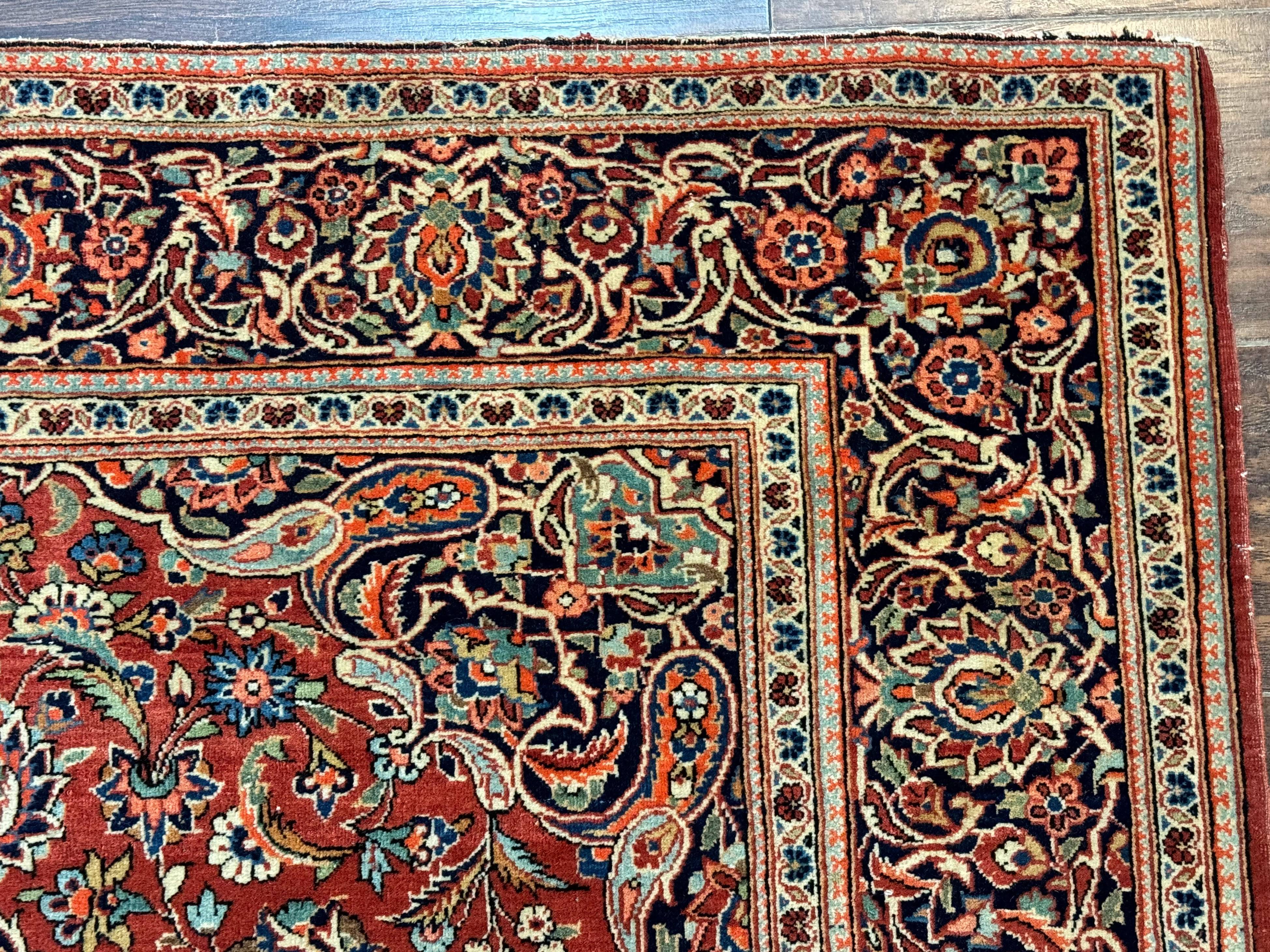 Persian Kashan Rug 4x7, Red and Navy Blue, Floral Antique Carpet - Jewel Rugs