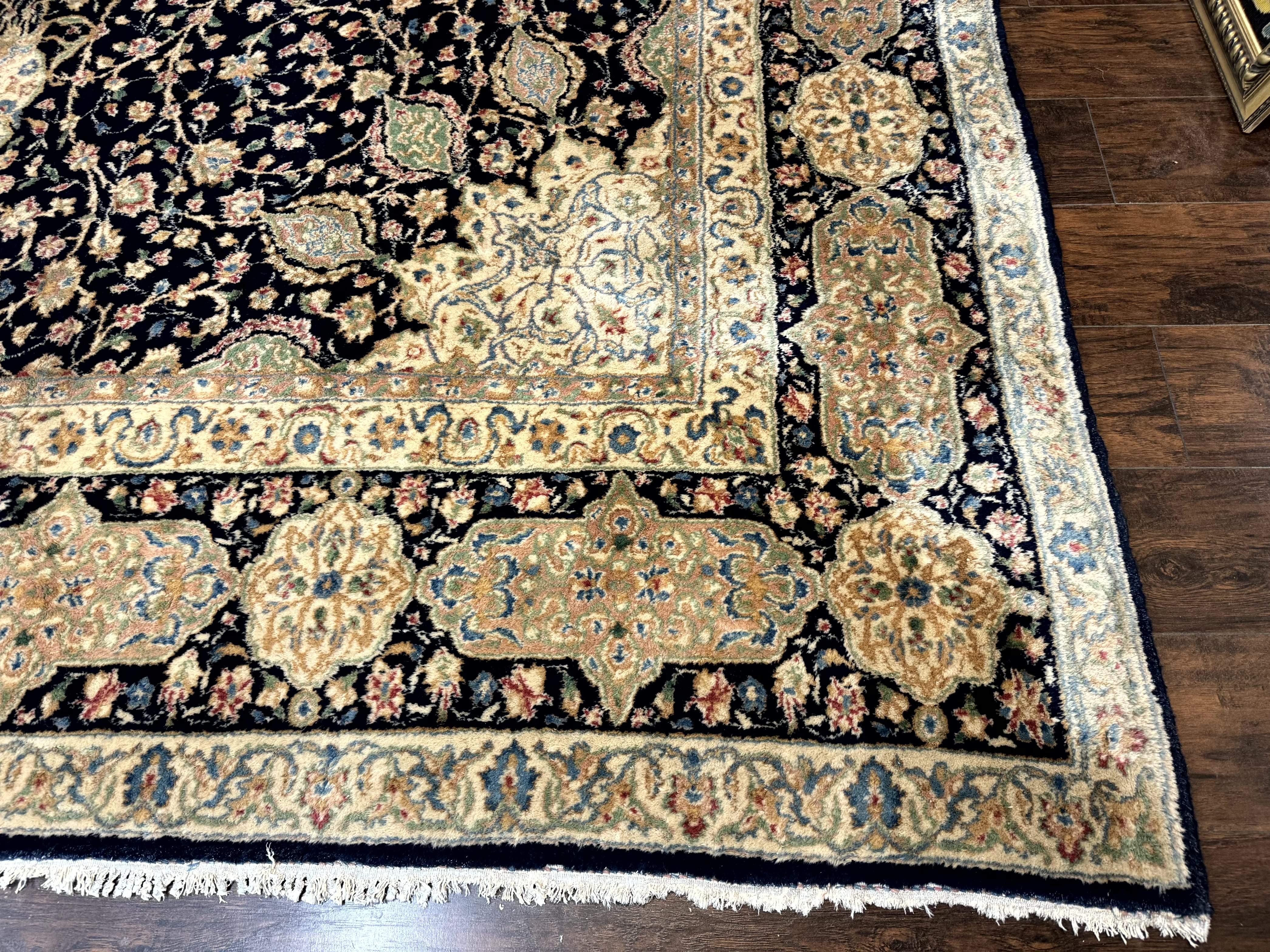 Large Persian Kerman Rug 10x14, Navy Blue and Beige, Floral Medallion, Traditional Elegant Persian Carpet, Signed by Masterweaver - Jewel Rugs