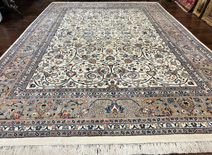 Indo Persian Rug 10x14, Floral Allover Pattern, Handmade Vintage Wool Carpet, Ivory/Cream
