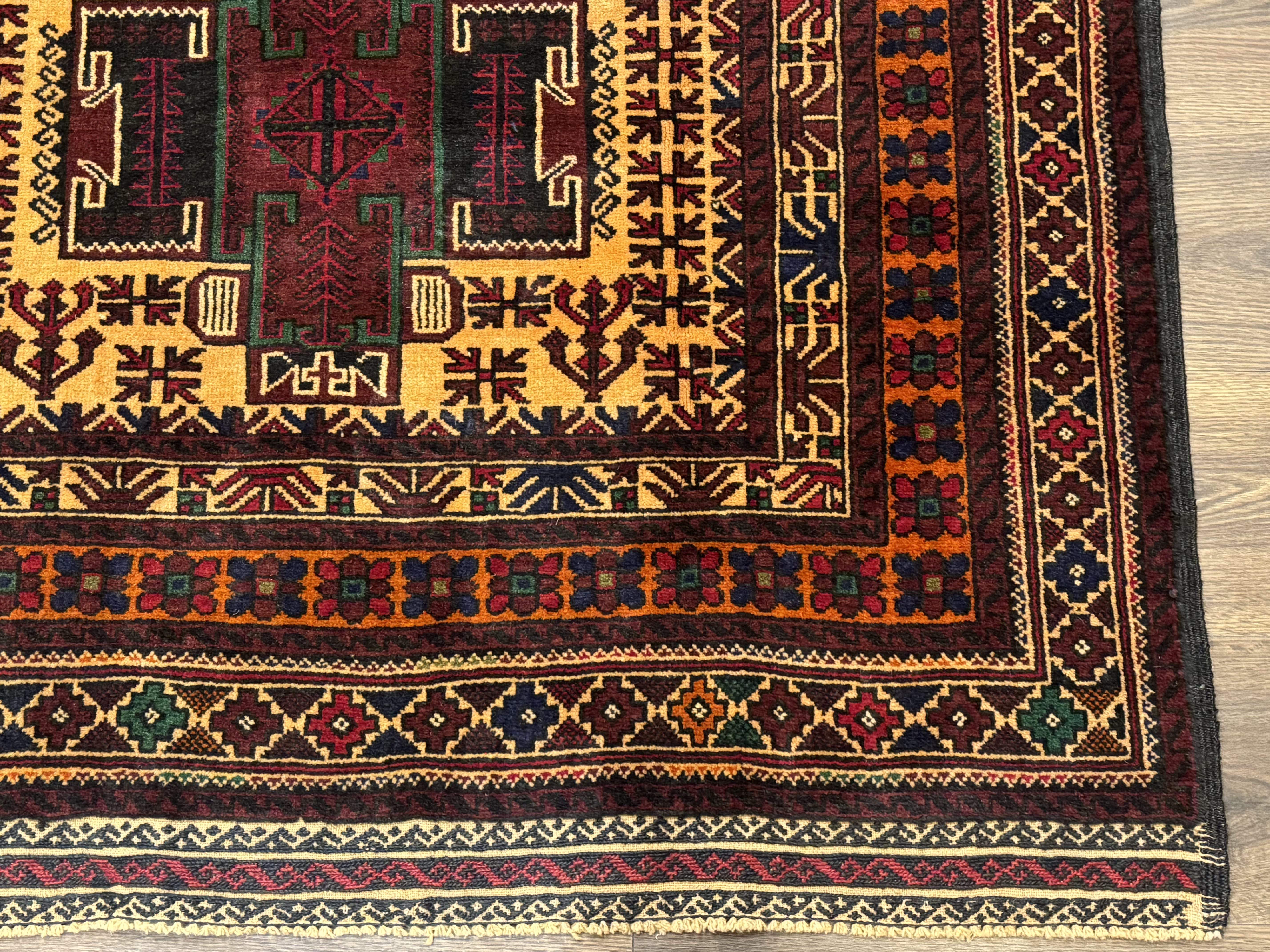 Persian Baluch Rug 4x7 – Golden Yellow and Burgundy, Hand-Knotted Wool Tribal Carpet - Jewel Rugs