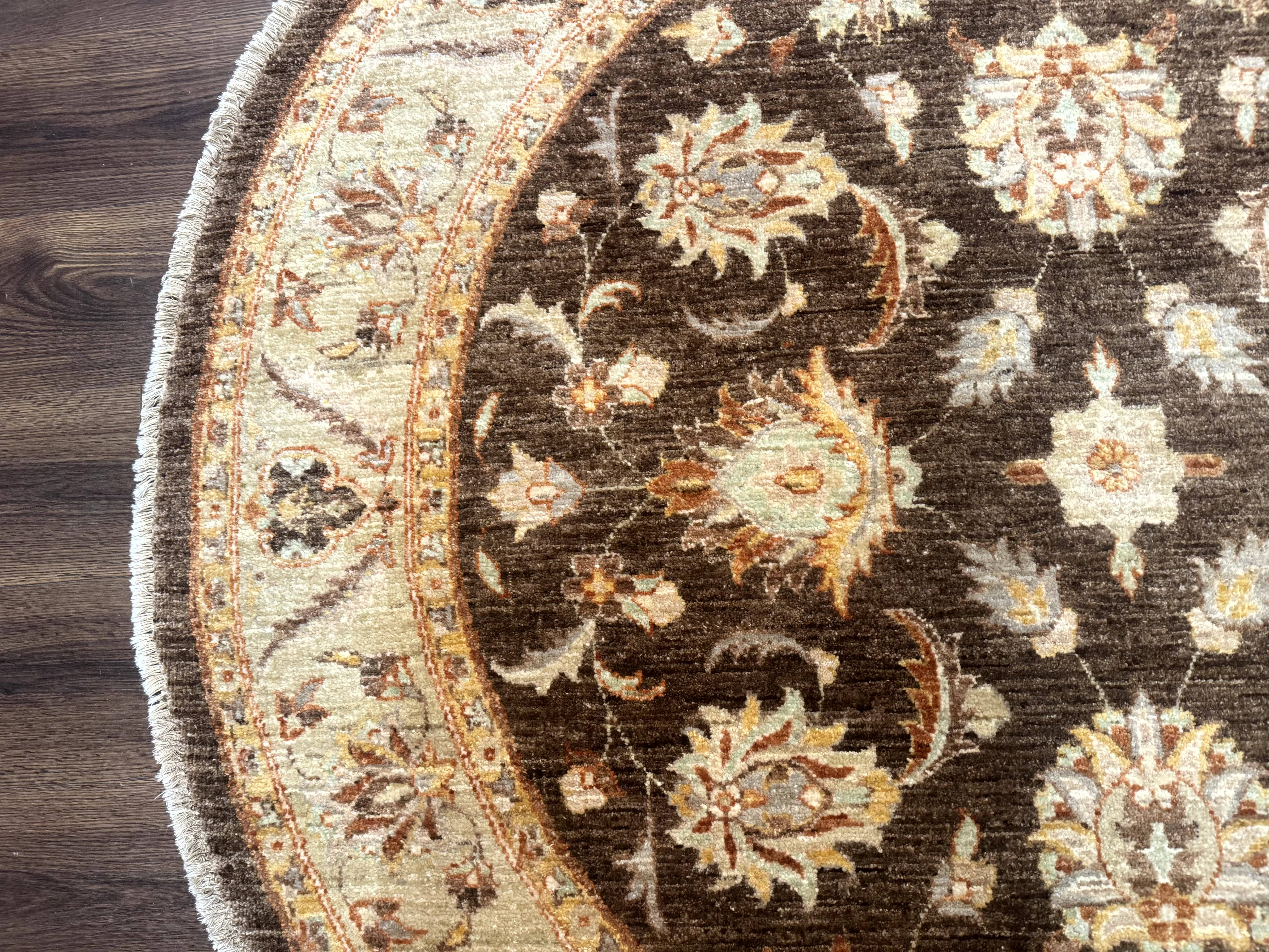 Round Pakistani Rug 6x6, Brown and Beige, Floral, Peshawar Rug, Traditional - Jewel Rugs