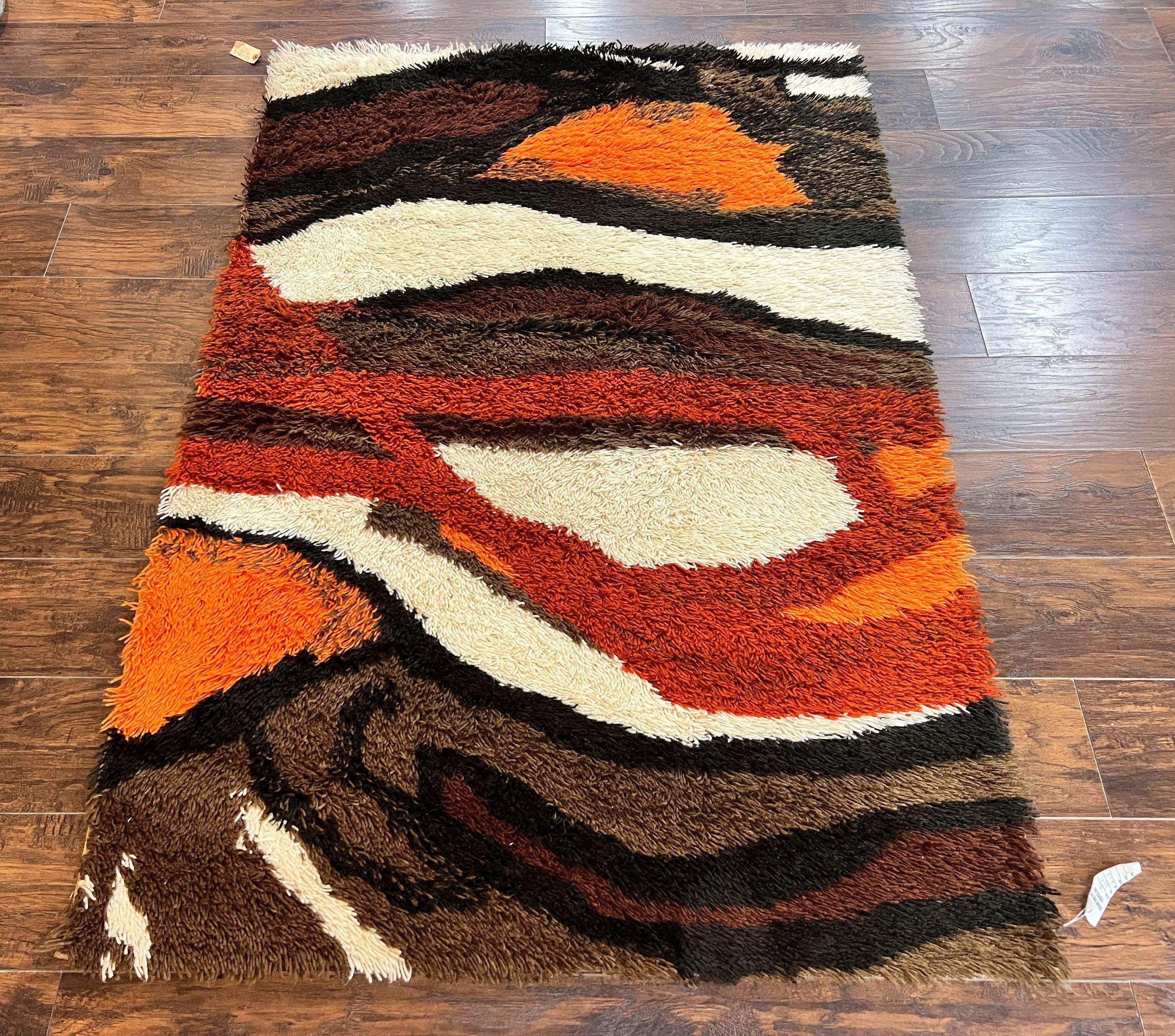 Danish Rya Rug 4x6, Mid Century Modern Abstract EGE Rya Carpet, Vintage Retro Shag Rug, Orange Brown Ivory Black - Jewel Rugs