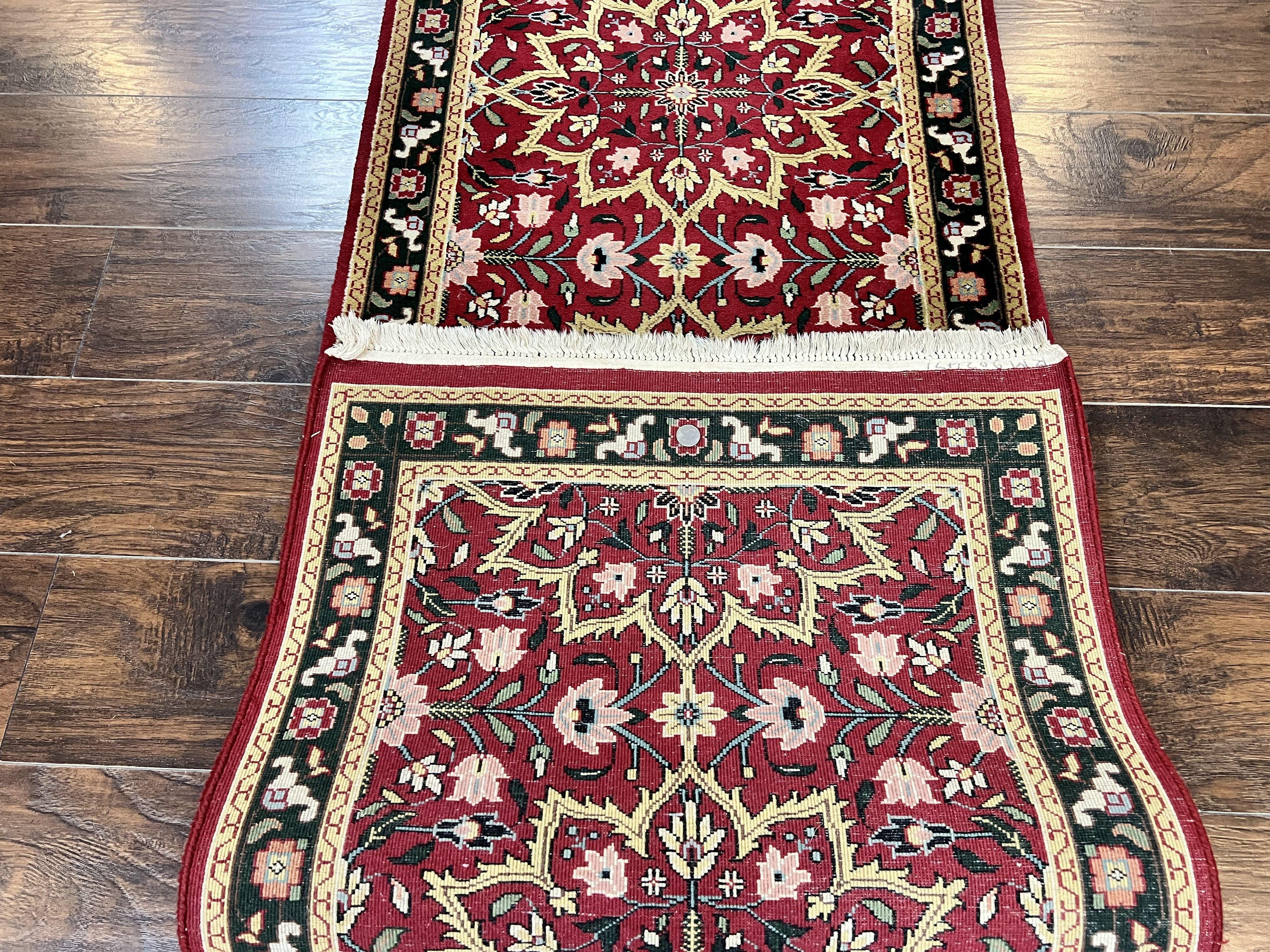 Indo Sarouk Runner Rug 2.6 x 10 ft, Floral Hand Knotted Wool Handmade Vintage Indian Hallway Rug, Red Tan Black, 10ft Persian Runner - Jewel Rugs