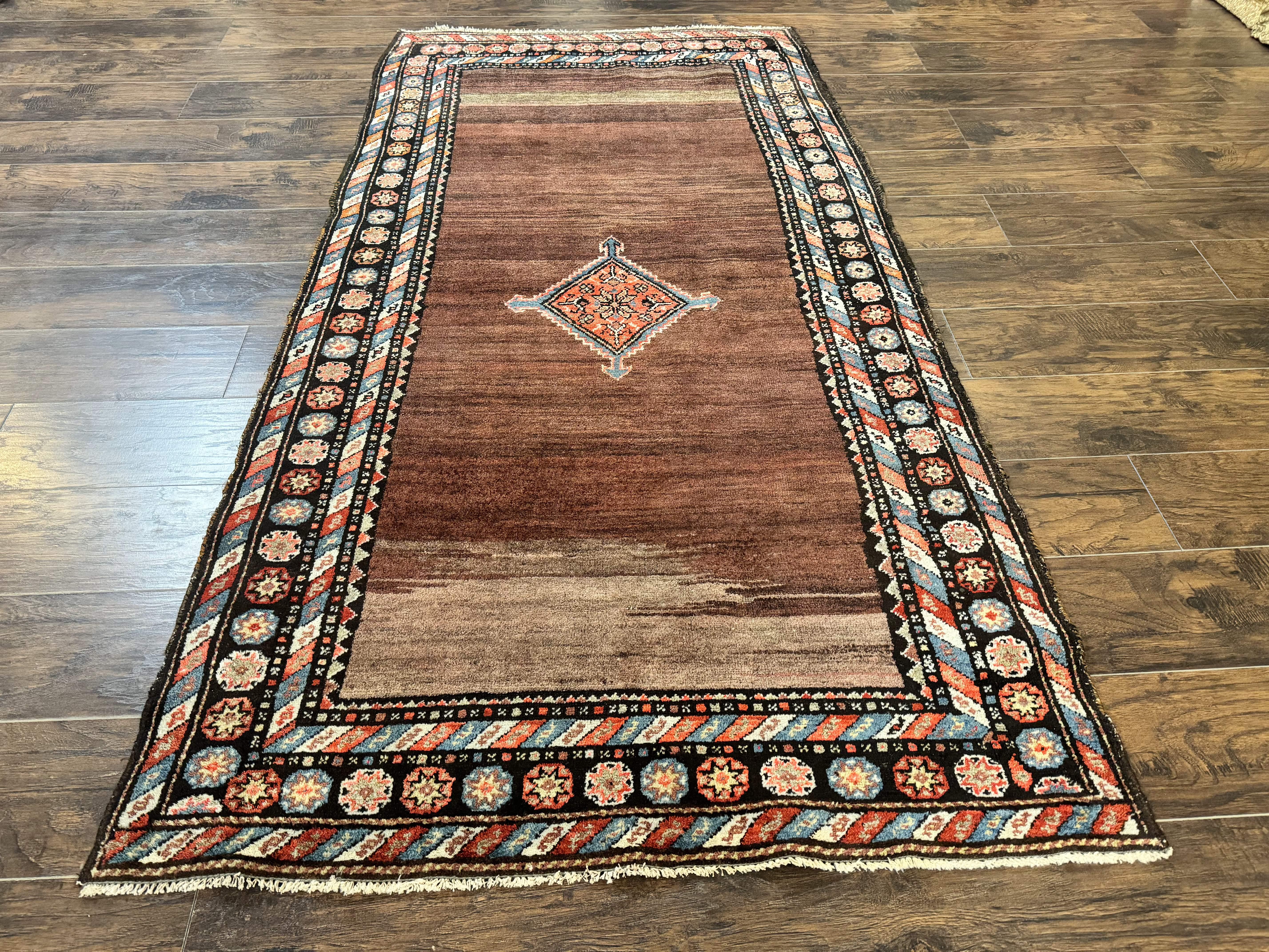 Antique Persian Rug 4x7, Sarab Tribal Wool Carpet, Brown and Multicolor, Handmade Wide Runner Rug 4 x 7, Open Field, Rainbow Border - Jewel Rugs