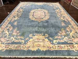 Indo Chinese Rug 9x14, Wool Hand Knotted Vintage Carpet, Light Blue Cream Beige, Aubusson European Design Rug 9 x 14