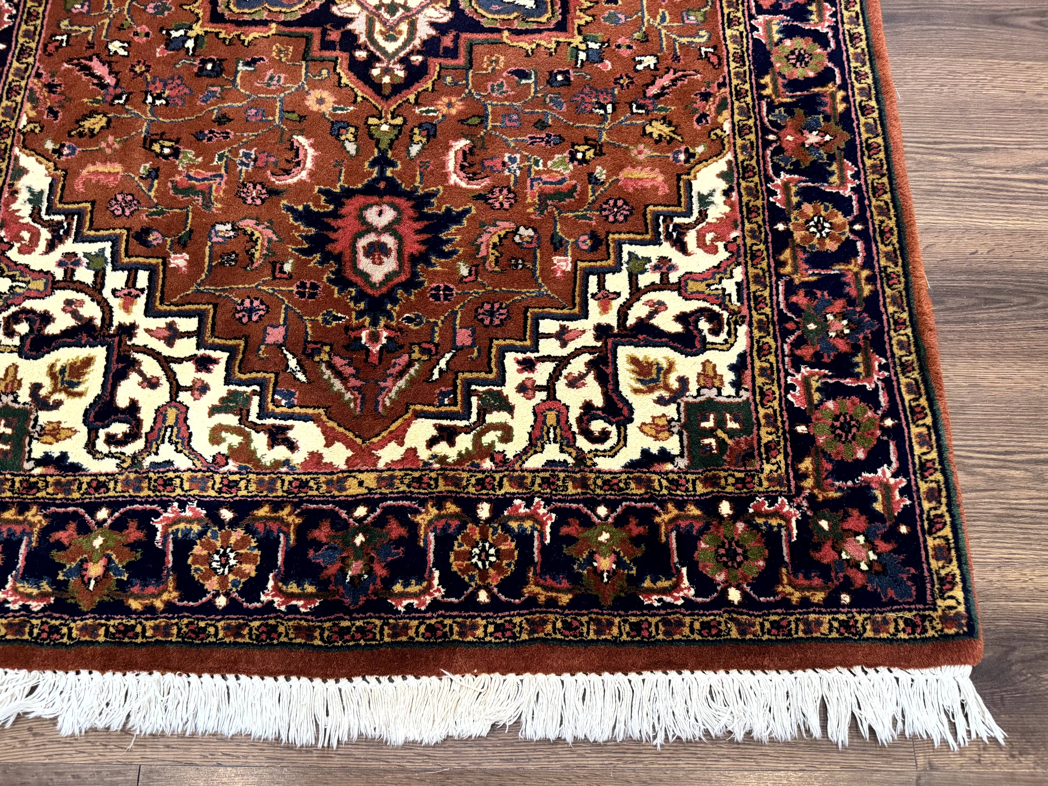 Indo Persian Heriz Rug 4x6, Rust Red Navy Blue and Cream - Jewel Rugs