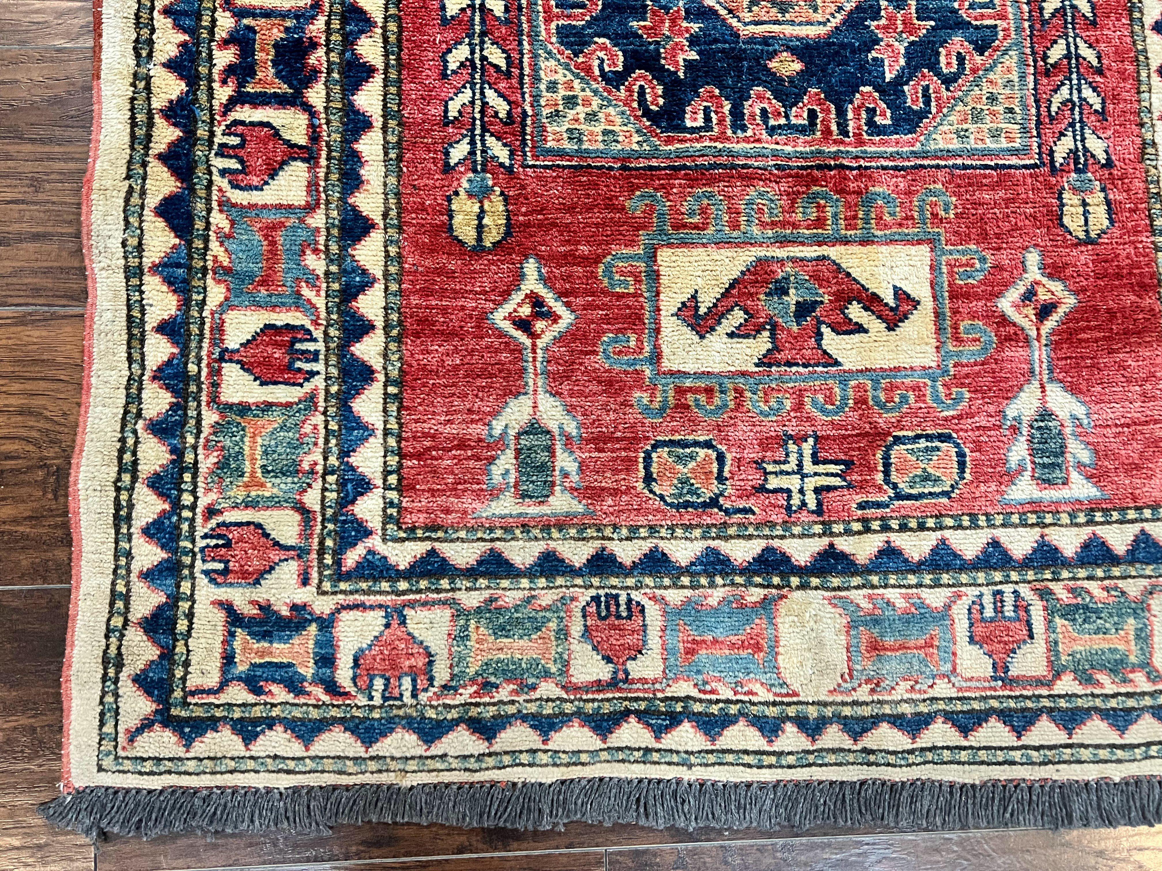 Turkish Kazak Rug 3x4, Wool Hand Knotted Small Vintage Carpet, Red Navy Blue, 3 x 4 Oriental Rug, Geometric Design - Jewel Rugs